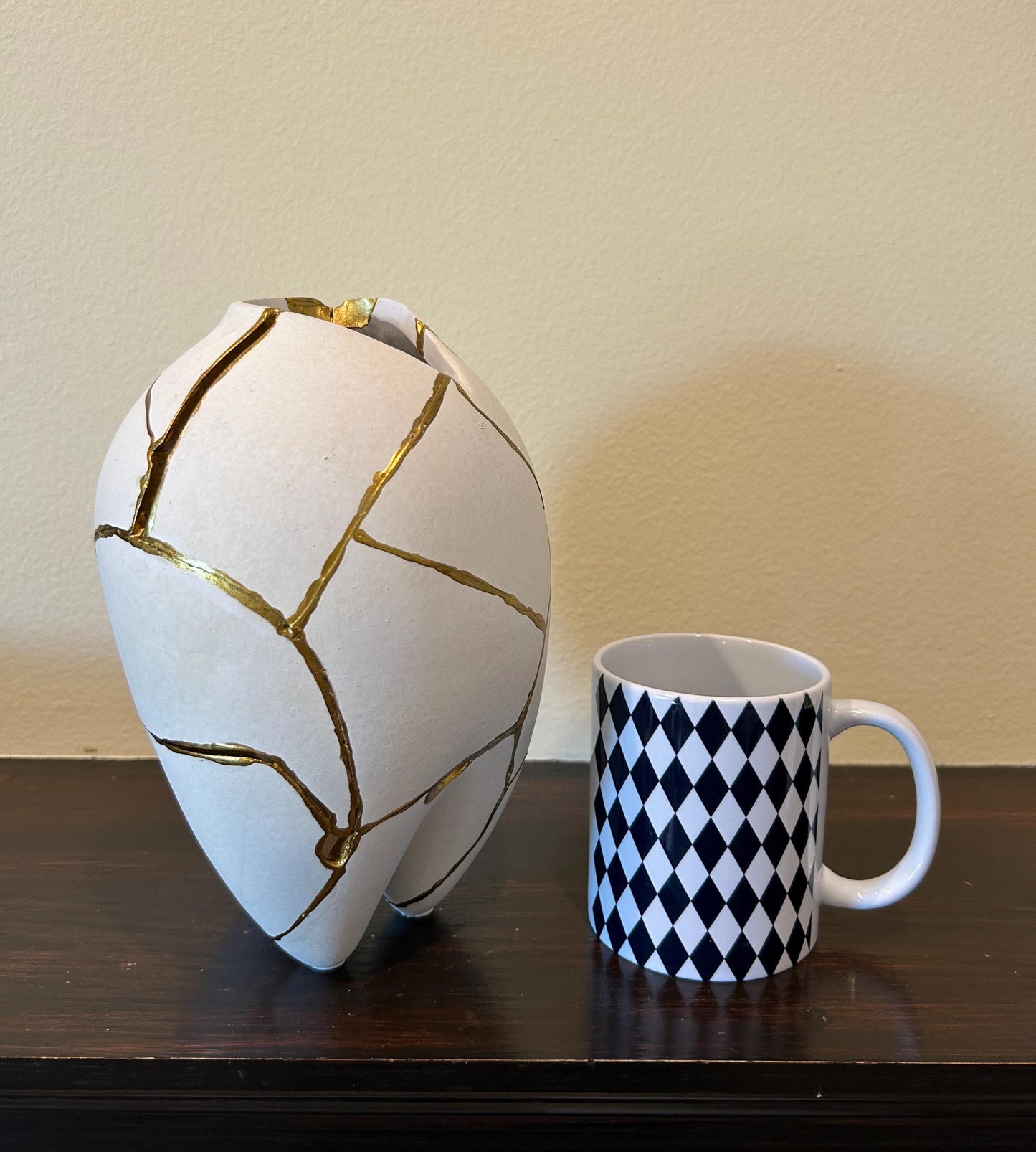 Modern Kintsugi Sumo Tall Vase - Japandi - Broken + Repaired Japanese Pottery - Hand Painted Gold - Smooth Texture - White (H) 9in (W) 5.5in
