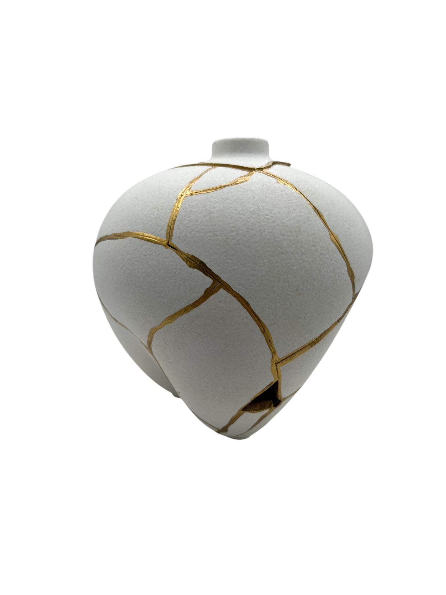 Modern Kintsugi Sumo Short Vase - Japandi - Broken + Repaired Japanese Pottery - Hand Painted Gold - Smooth - White (H) 6.3in (W) 5.7in