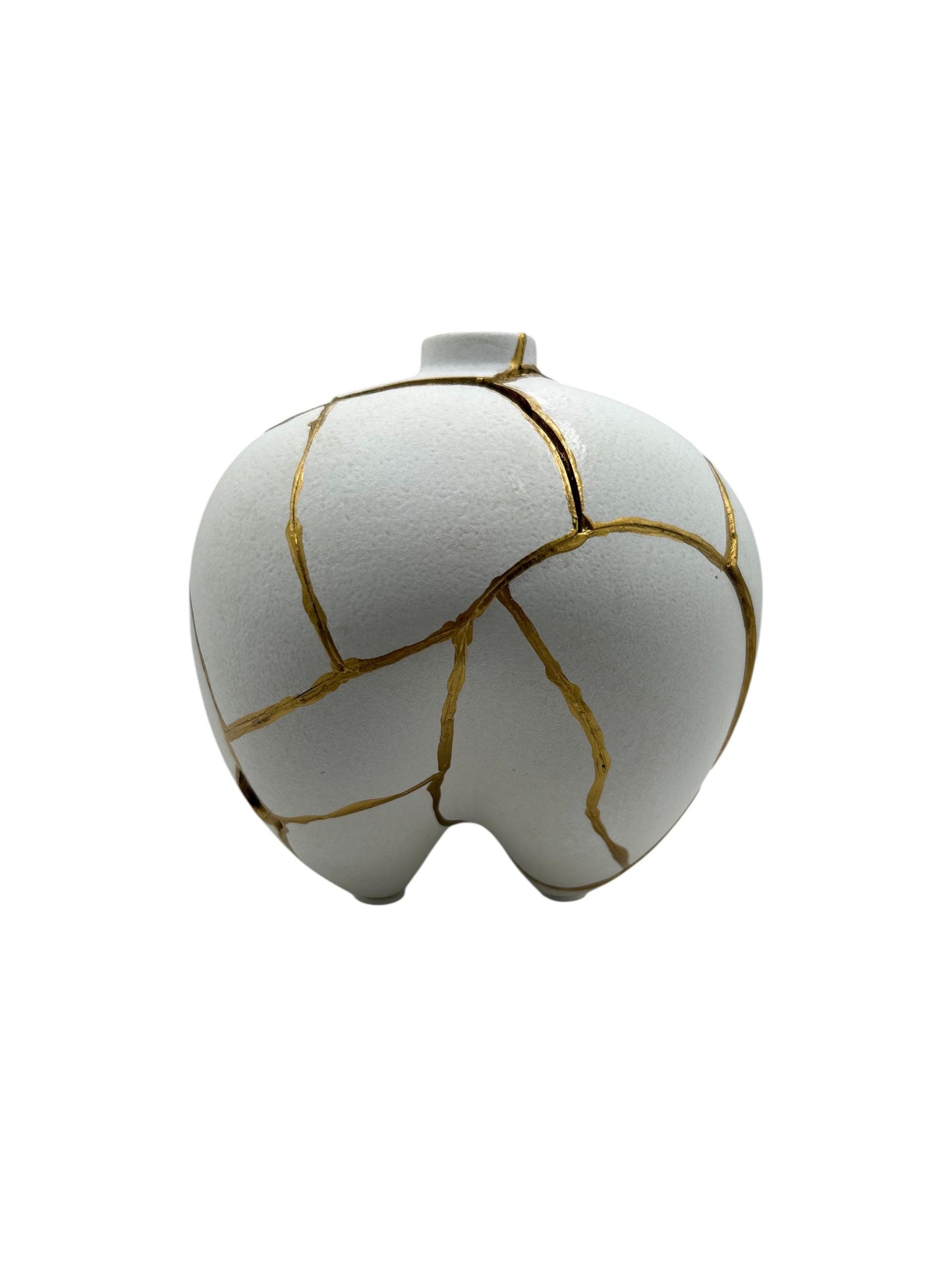 Modern Kintsugi Sumo Short Vase - Japandi - Broken + Repaired Japanese Pottery - Hand Painted Gold - Smooth - White (H) 6.3in (W) 5.7in