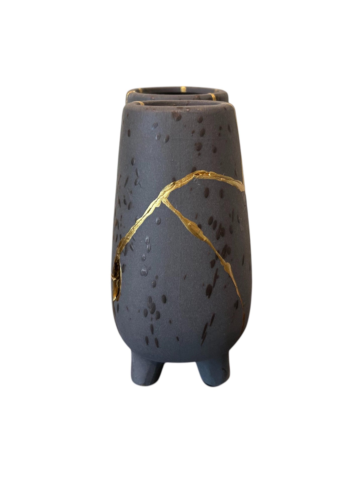 Modern Kintsugi Haiiro Vase - Japandi - Broken + Repaired Japanese Pottery - Hand Painted Gold - Rough Texture - Charcoal (H) 8in (W) 8.75in
