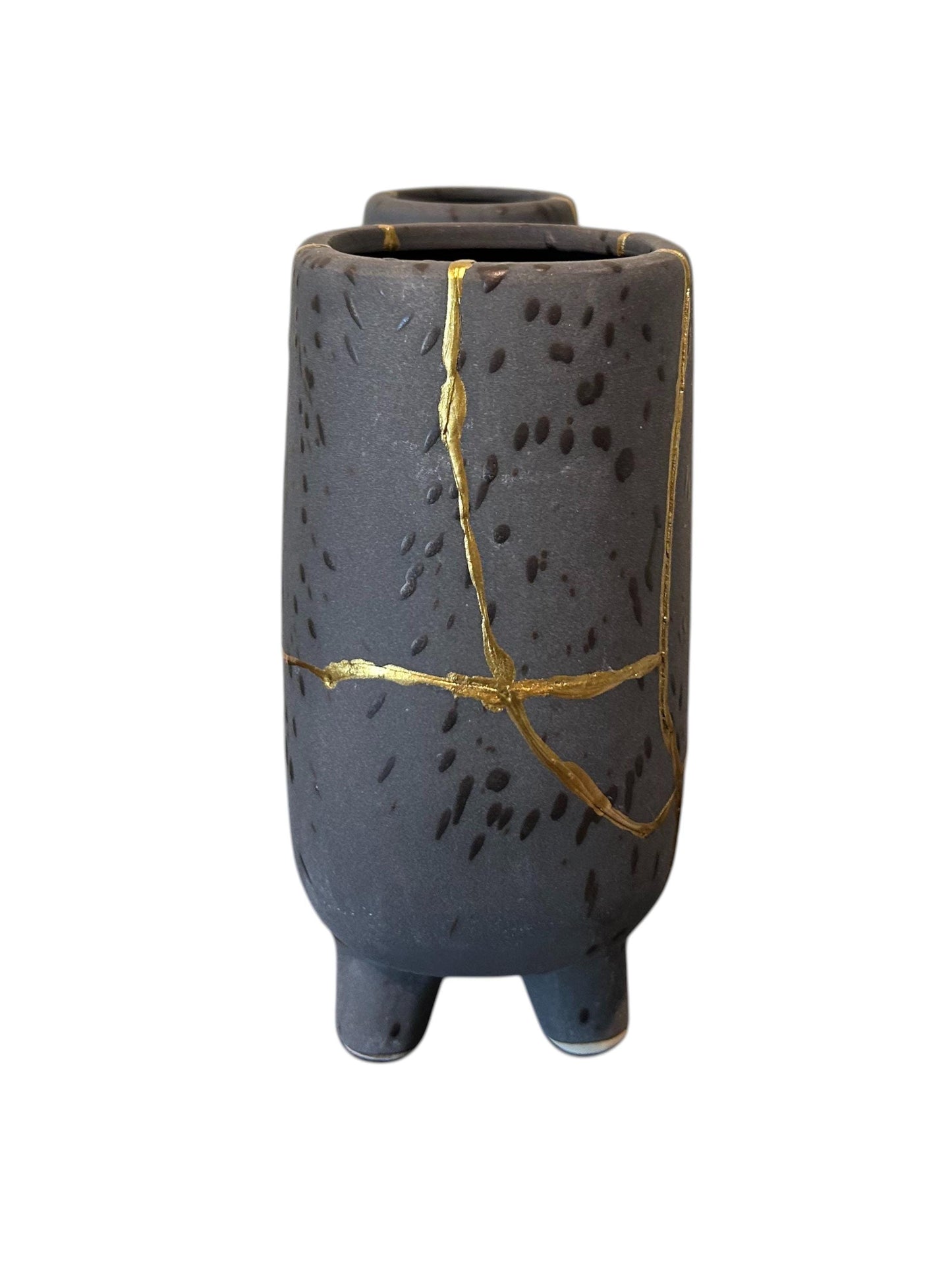 Modern Kintsugi Haiiro Vase - Japandi - Broken + Repaired Japanese Pottery - Hand Painted Gold - Rough Texture - Charcoal (H) 8in (W) 8.75in