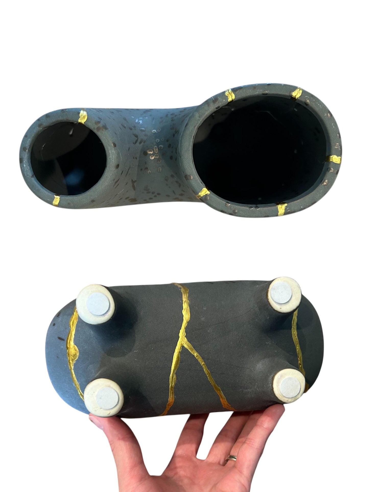 Modern Kintsugi Haiiro Vase - Japandi - Broken + Repaired Japanese Pottery - Hand Painted Gold - Rough Texture - Charcoal (H) 8in (W) 8.75in