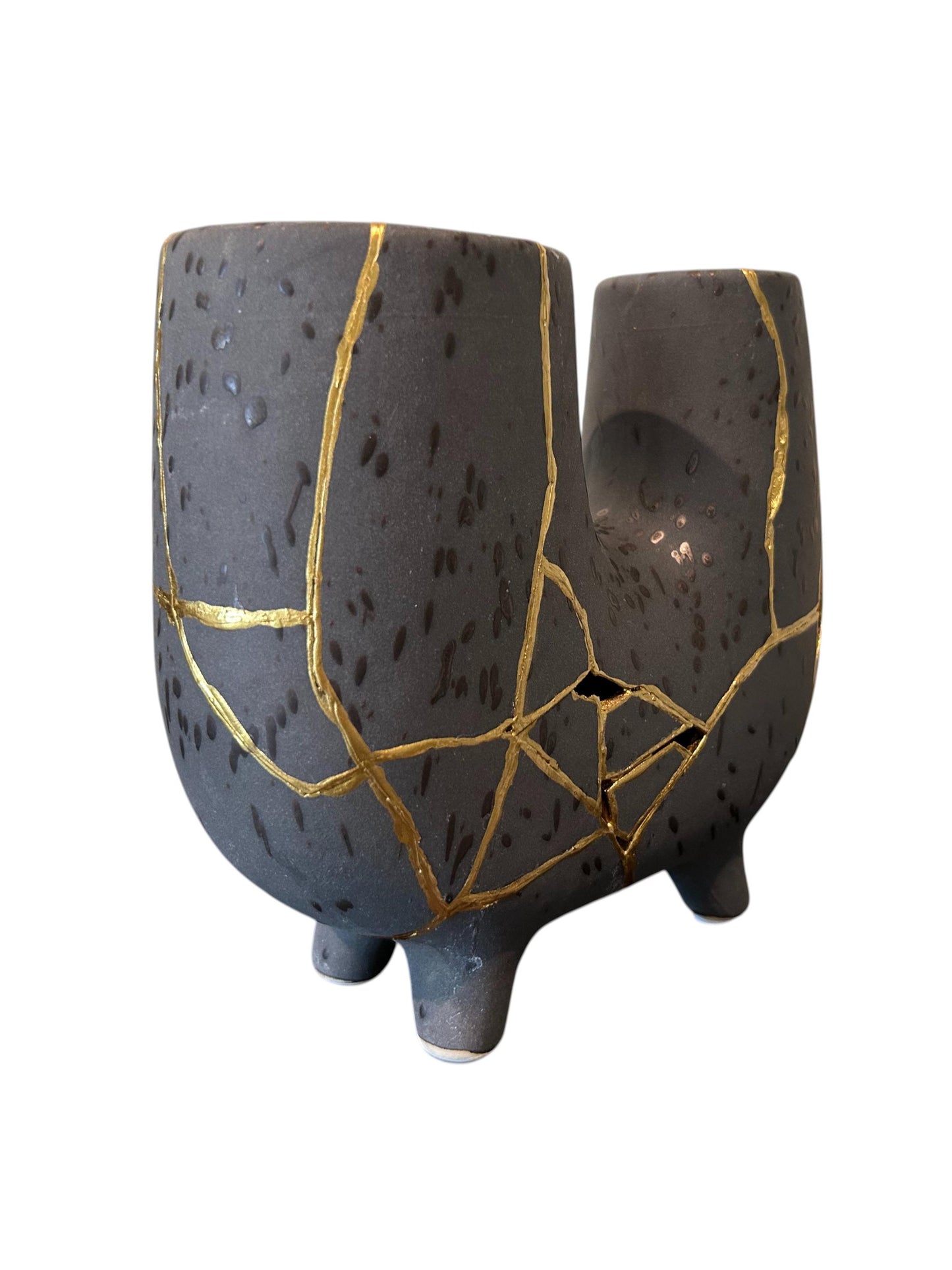 Modern Kintsugi Haiiro Vase - Japandi - Broken + Repaired Japanese Pottery - Hand Painted Gold - Rough Texture - Charcoal (H) 8in (W) 8.75in