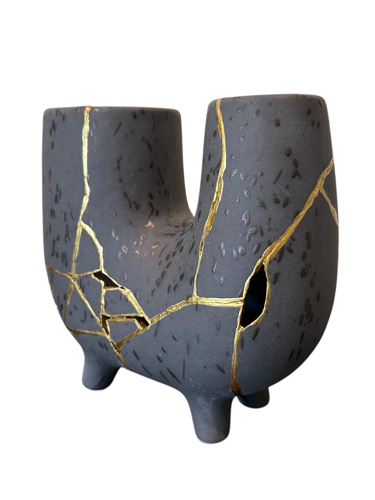 Modern Kintsugi Haiiro Vase - Japandi - Broken + Repaired Japanese Pottery - Hand Painted Gold - Rough Texture - Charcoal (H) 8in (W) 8.75in