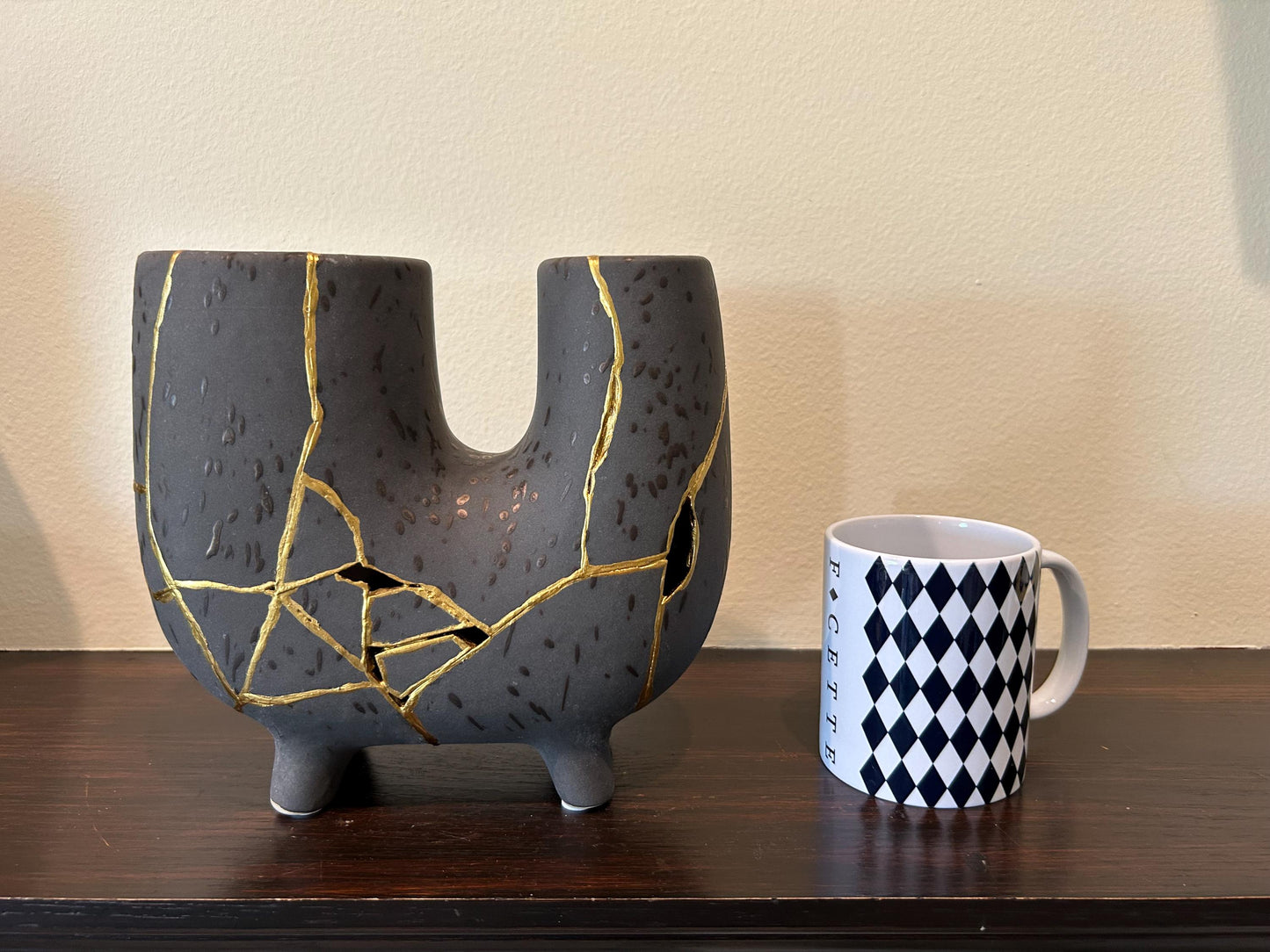 Modern Kintsugi Haiiro Vase - Japandi - Broken + Repaired Japanese Pottery - Hand Painted Gold - Rough Texture - Charcoal (H) 8in (W) 8.75in