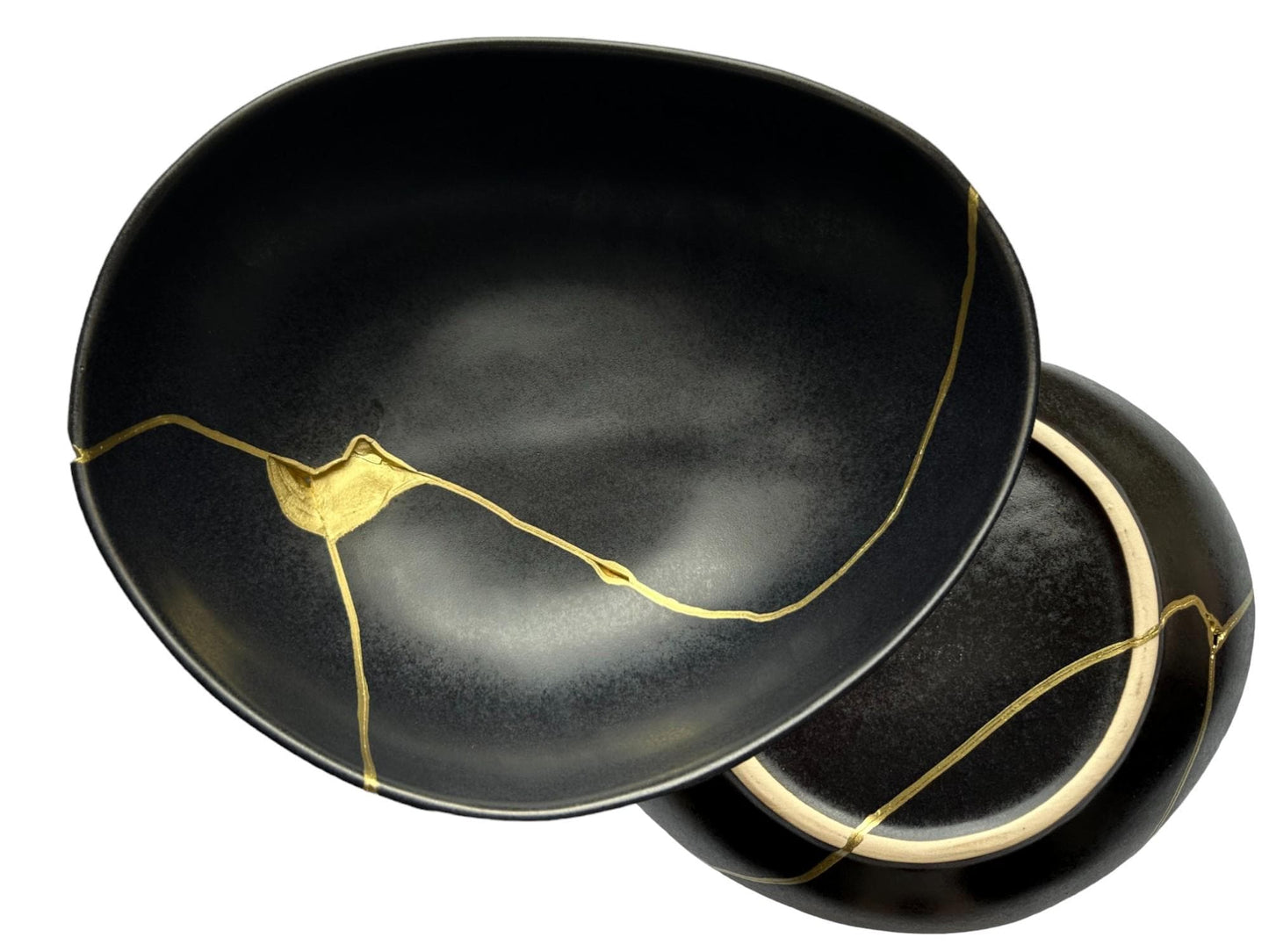 Modern Kintsugi Black Egg Bowl - Broken + Repaired Japanese Pottery Art - Hand Painted Gold - Ceramic - Minimalist - Japandi (D) 10.5in