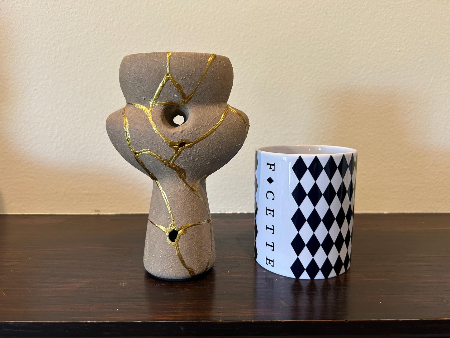 Modern Kintsugi Native Vase - Broken + Repaired Japanese Pottery - Hand Painted Gold Detail - Japandi - Rough Texture (H) 6.75in (W) 4.5in
