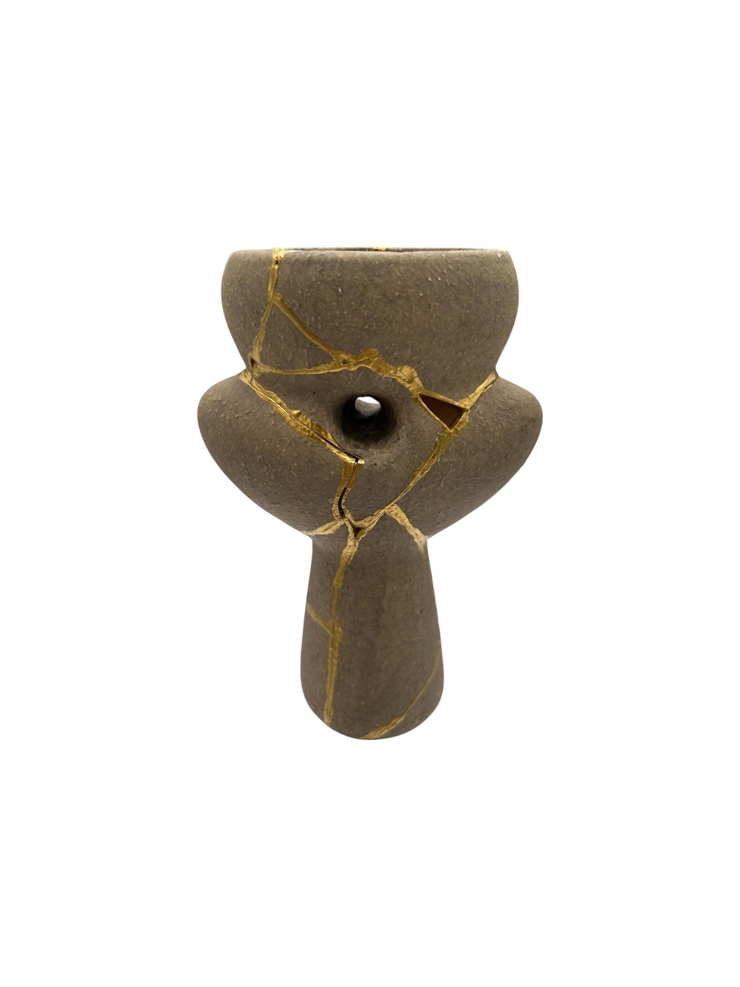 Modern Kintsugi Native Vase - Broken + Repaired Japanese Pottery - Hand Painted Gold Detail - Japandi - Rough Texture (H) 6.75in (W) 4.5in