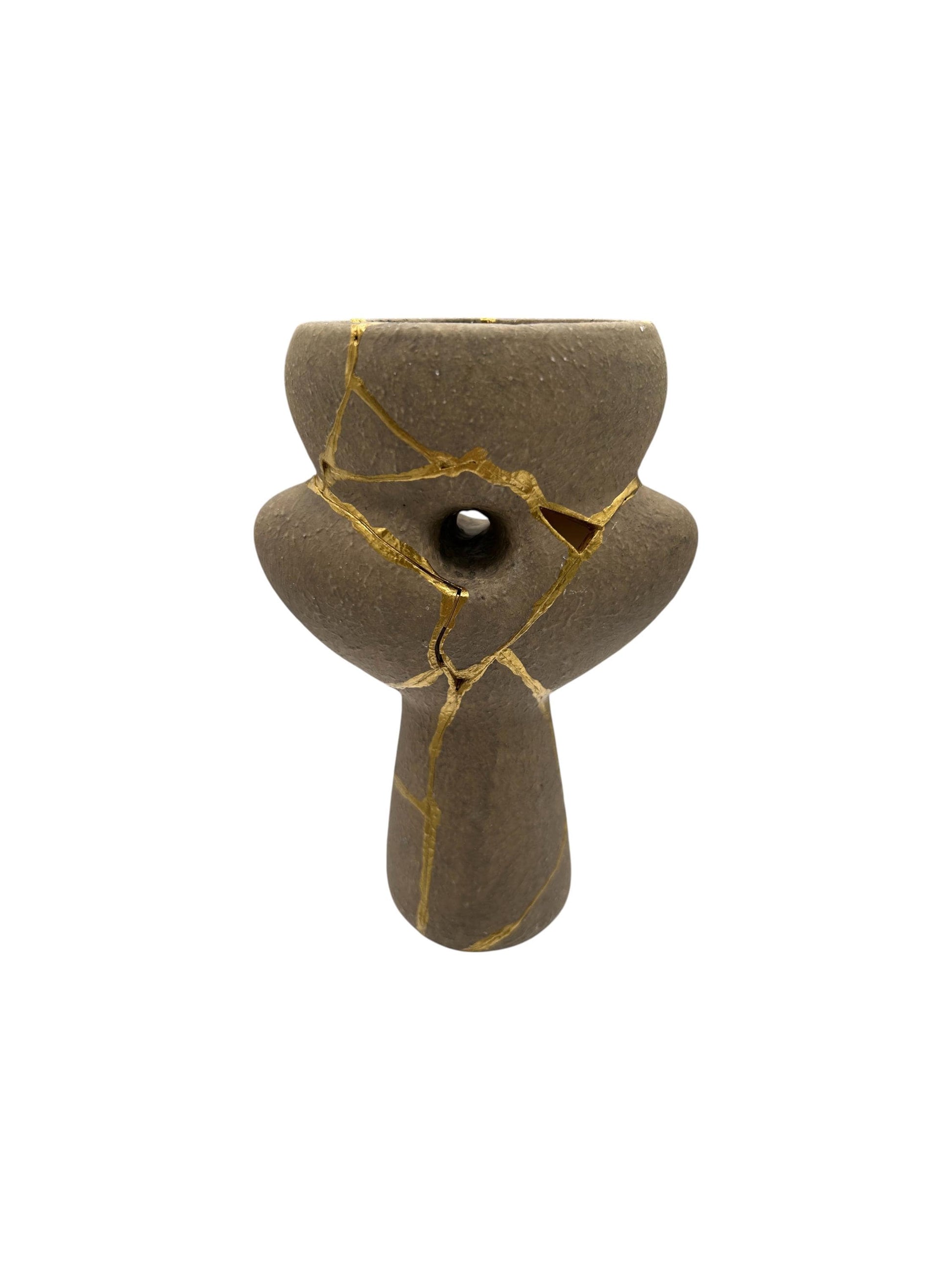 Modern Kintsugi Native Vase - Broken + Repaired Japanese Pottery - Hand Painted Gold Detail - Japandi - Rough Texture (H) 6.75in (W) 4.5in