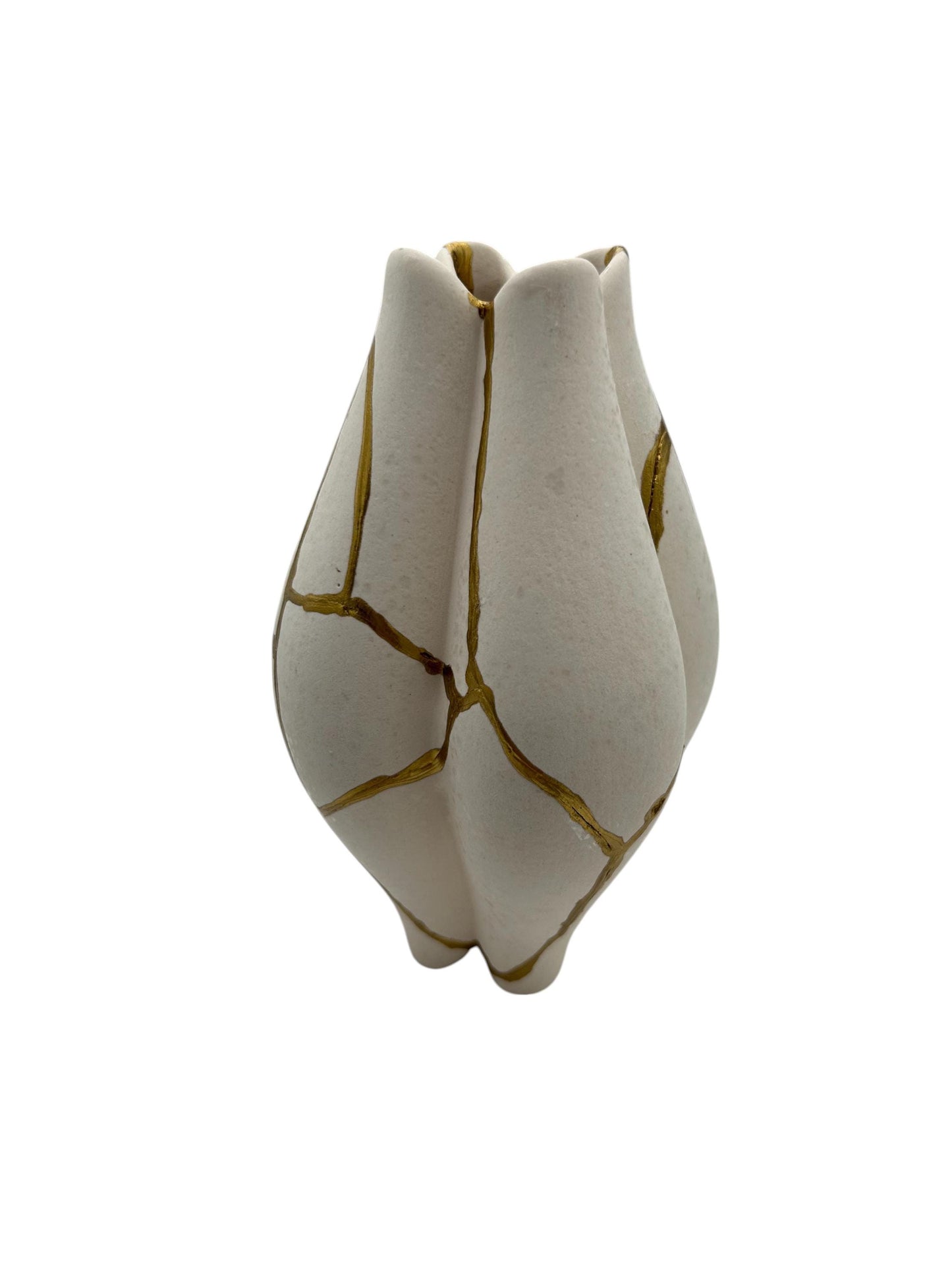 Modern Kintsugi Pond Vase - Broken + Repaired Japanese Pottery - Hand Painted Gold - Japandi - Rough Texture - Ivory (H) 6.5in (W) 3.75in