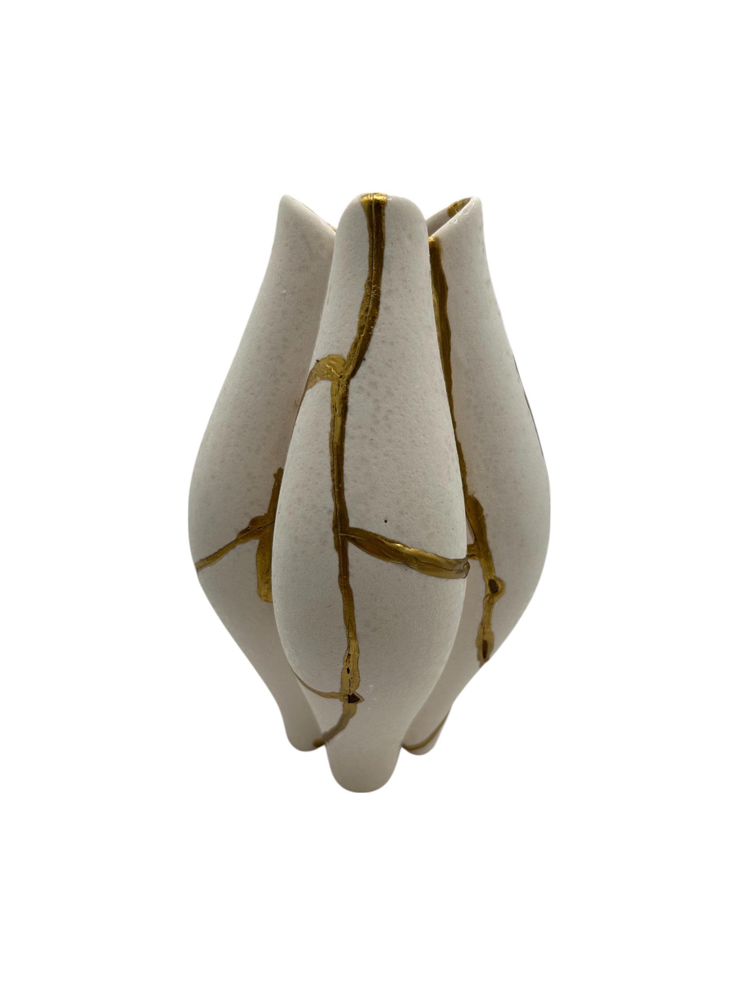 Modern Kintsugi Pond Vase - Broken + Repaired Japanese Pottery - Hand Painted Gold - Japandi - Rough Texture - Ivory (H) 6.5in (W) 3.75in