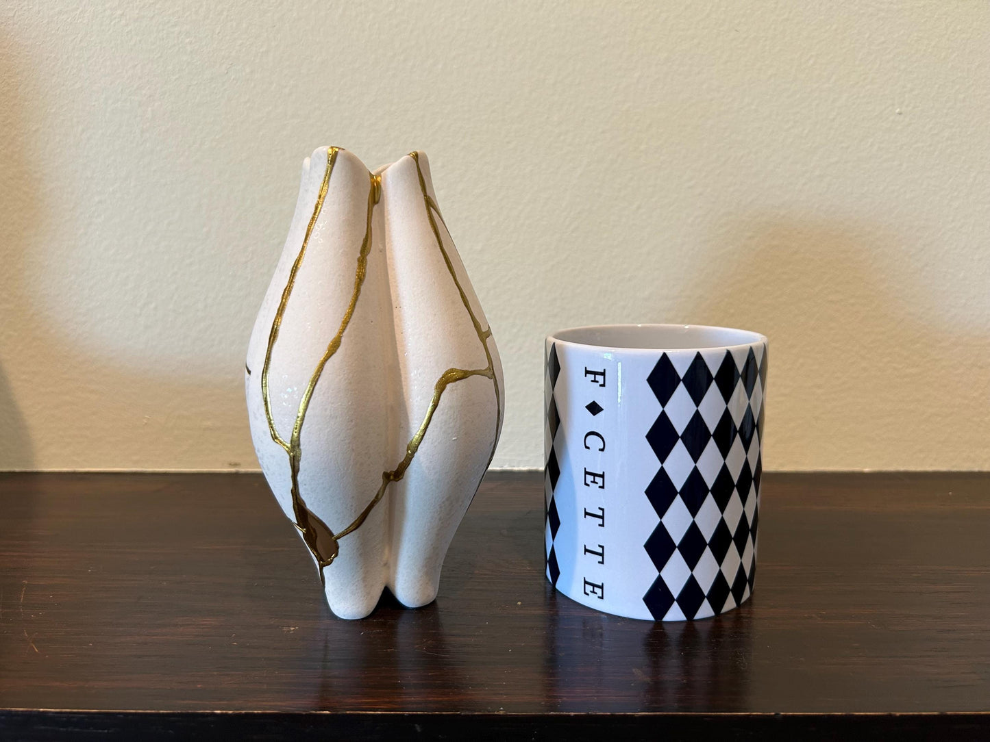 Modern Kintsugi Pond Vase - Broken + Repaired Japanese Pottery - Hand Painted Gold - Japandi - Rough Texture - Ivory (H) 6.5in (W) 3.75in