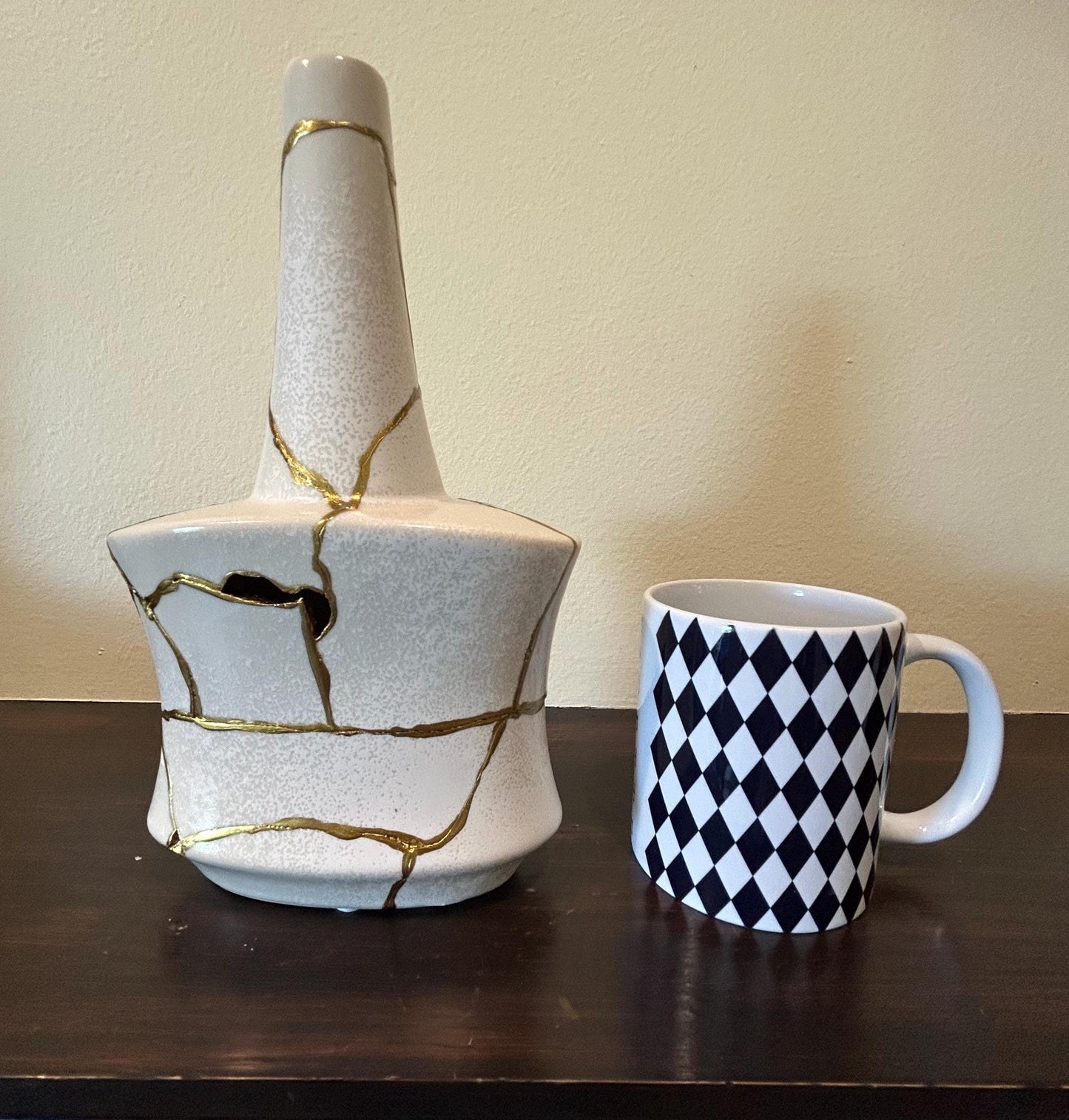 Modern Kintsugi Avag Vase - Broken + Repaired Japanese Pottery - Hand Painted Gold - Japandi - Smooth Texture - Ivory (H) 9.75in (W) 5.5in