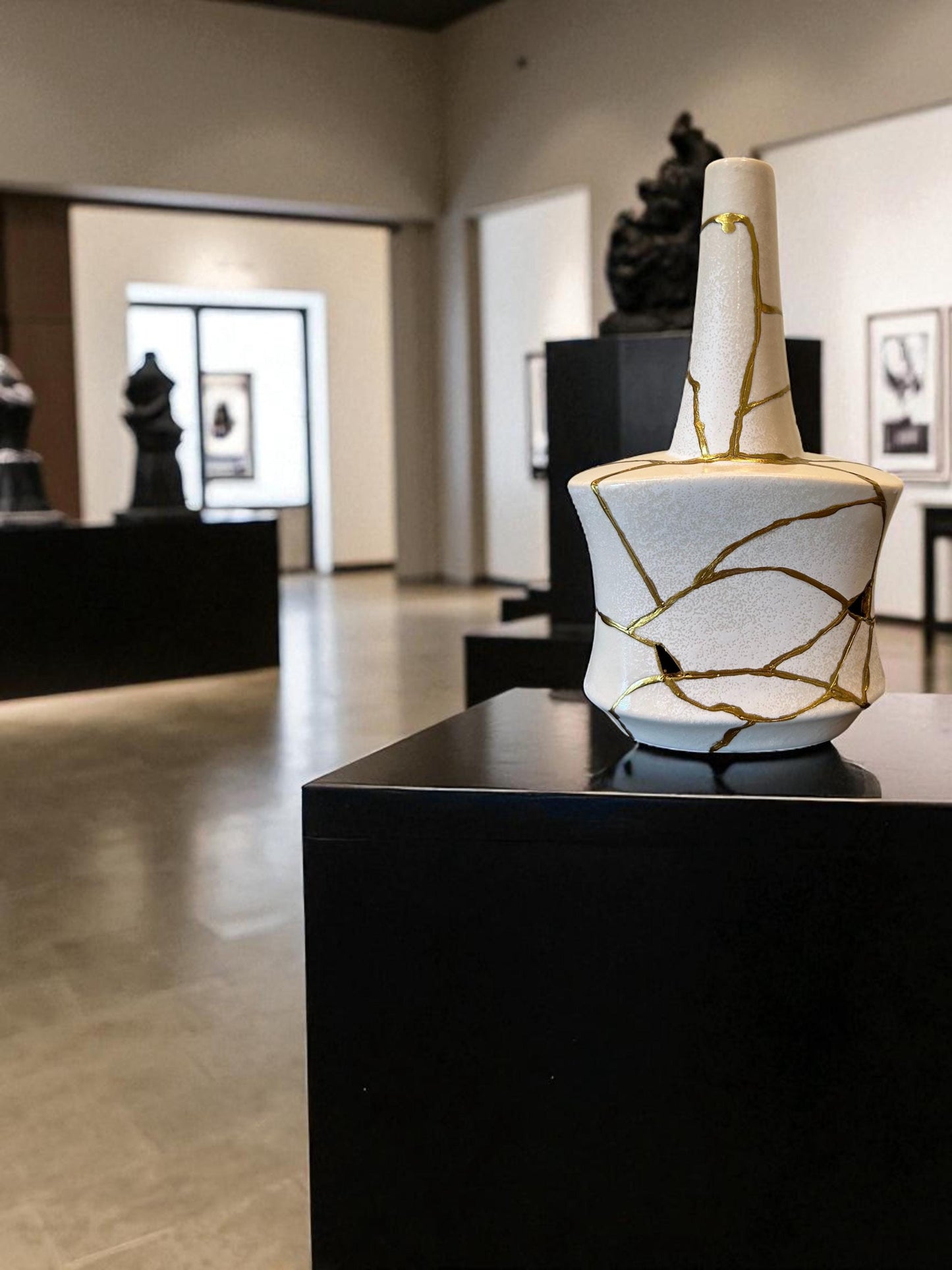 Modern Kintsugi Avag Vase - Broken + Repaired Japanese Pottery - Hand Painted Gold - Japandi - Smooth Texture - Ivory (H) 9.75in (W) 5.5in