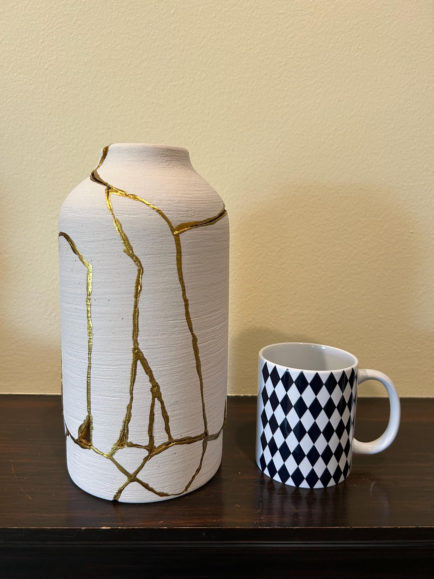Modern Kintsugi Giraffe Vase - Broken + Repaired Japanese Pottery - Hand Painted Gold - Matte White Cylinder/Brushed Texture #2 (H) 10.125in