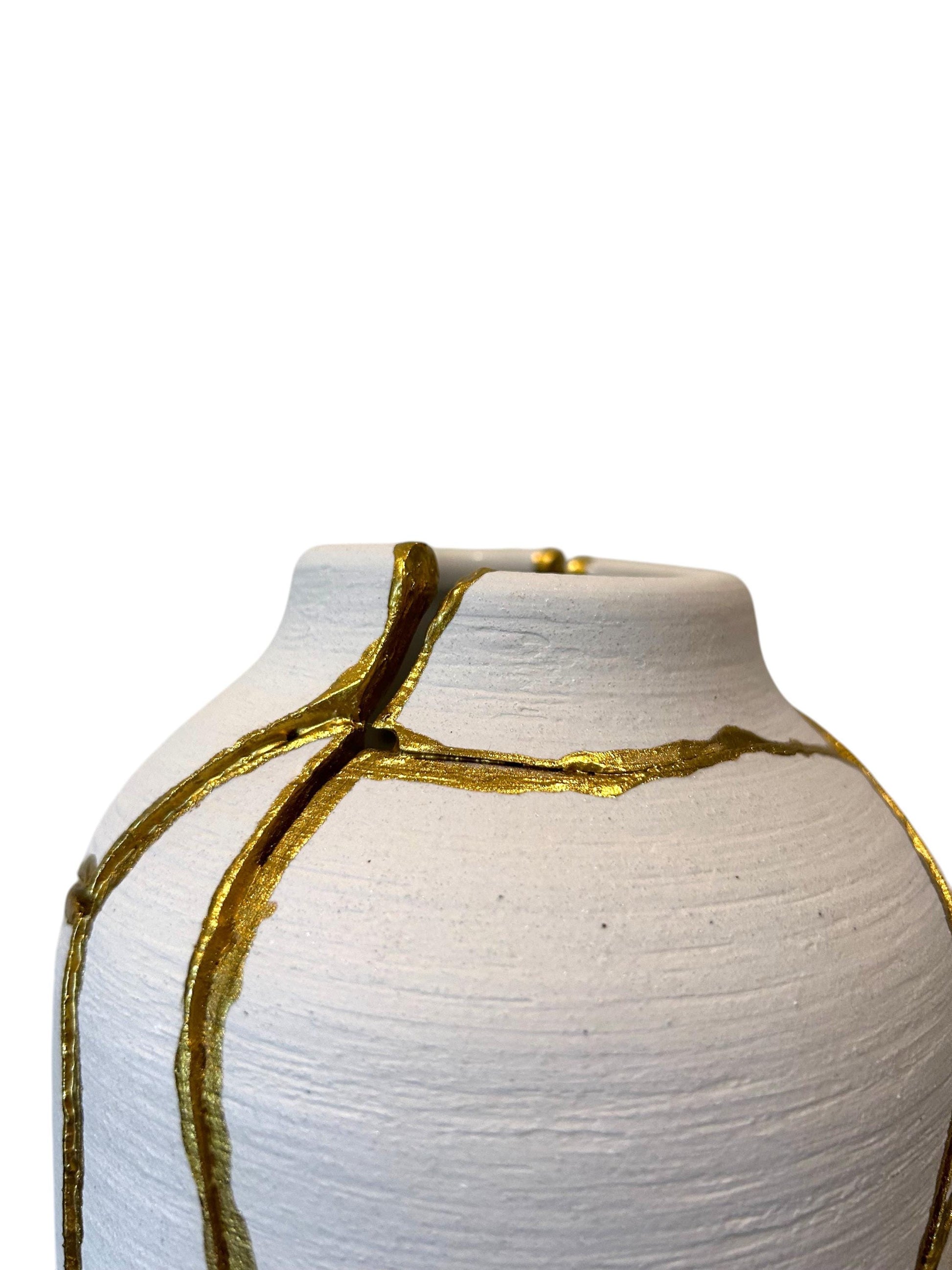 Modern Kintsugi Giraffe Vase - Broken + Repaired Japanese Pottery - Hand Painted Gold - Matte White Cylinder/Brushed Texture #2 (H) 10.125in