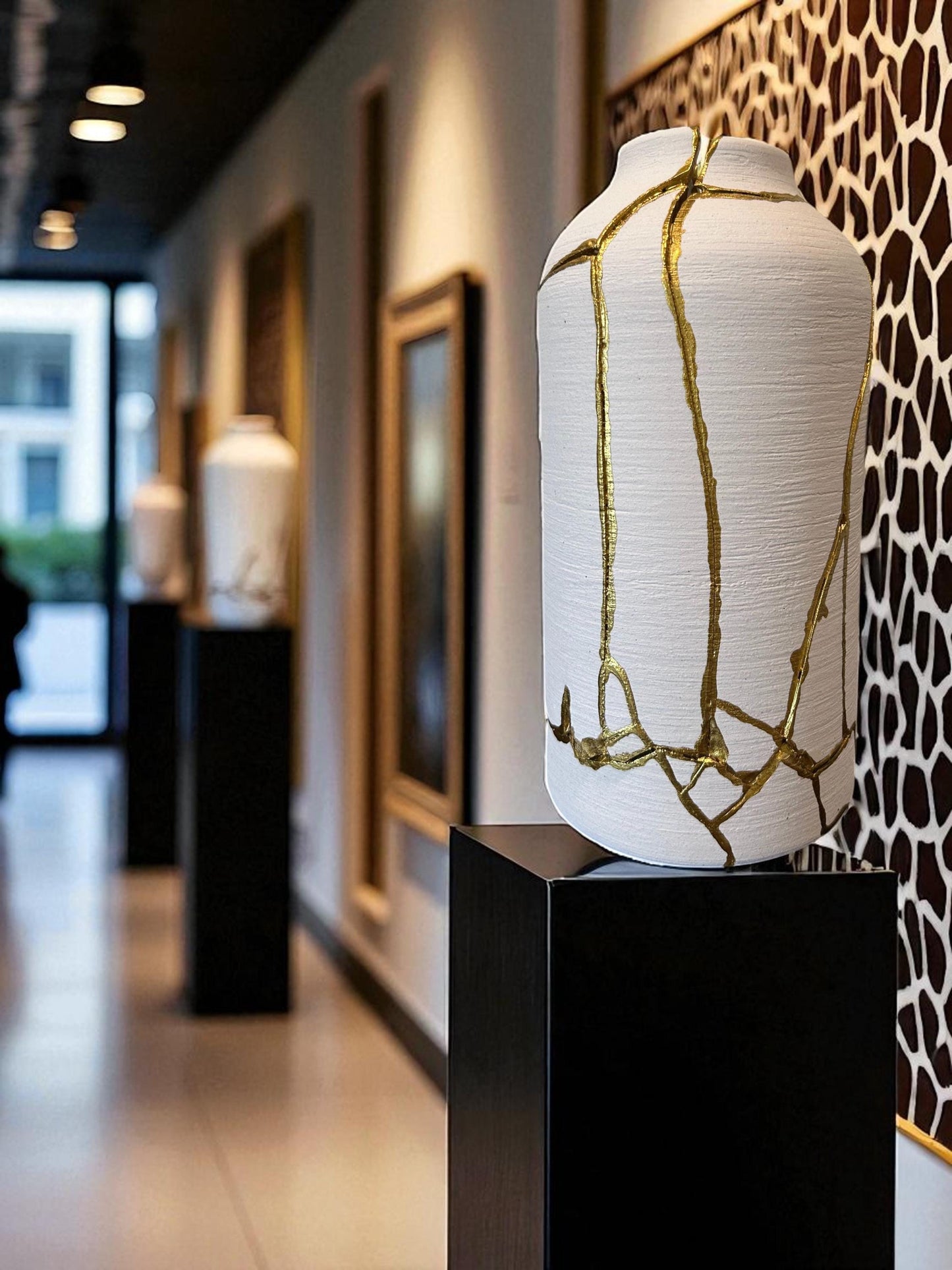 Modern Kintsugi Giraffe Vase - Broken + Repaired Japanese Pottery - Hand Painted Gold - Matte White Cylinder/Brushed Texture #2 (H) 10.125in