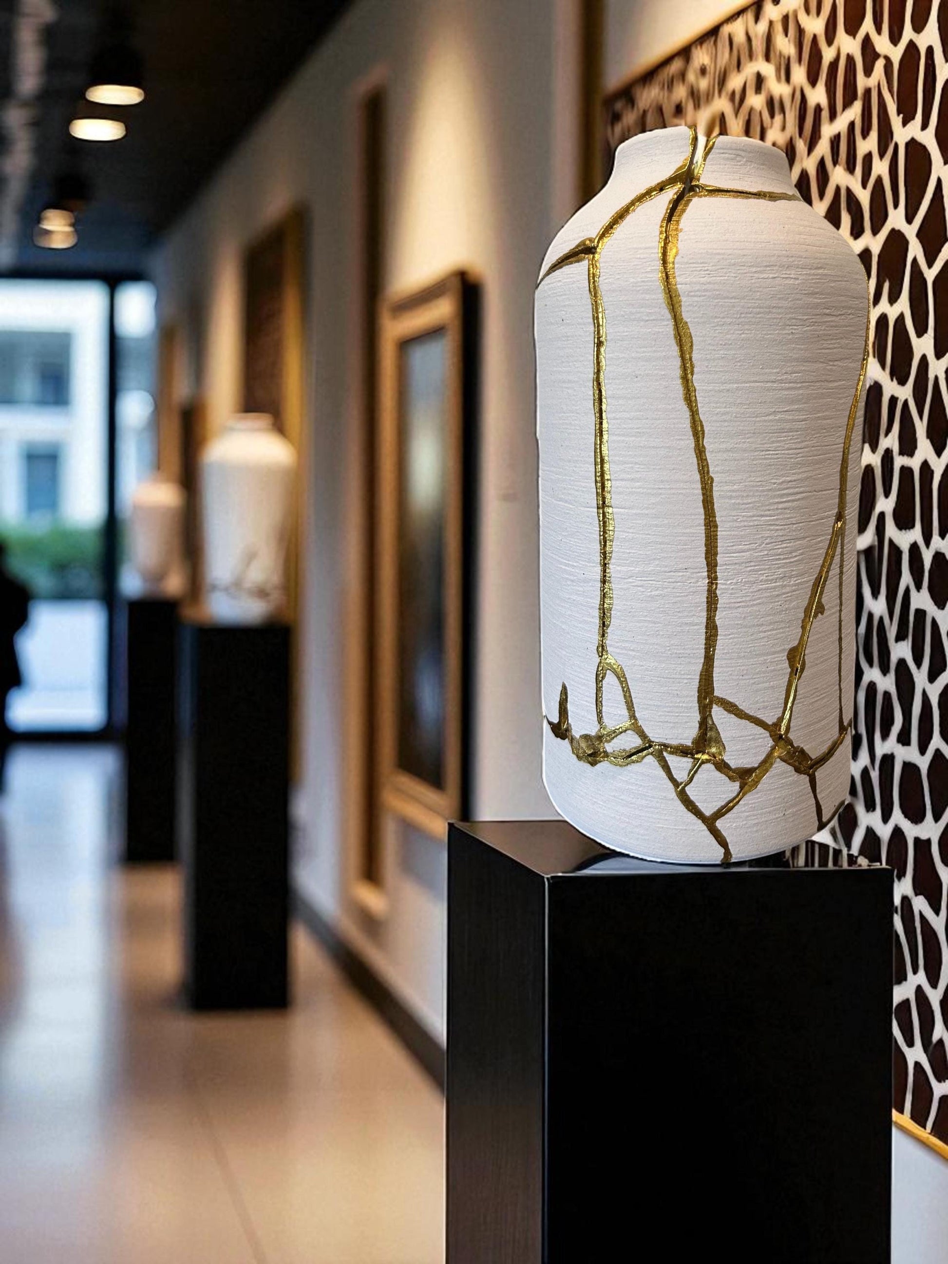 Modern Kintsugi Giraffe Vase - Broken + Repaired Japanese Pottery - Hand Painted Gold - Matte White Cylinder/Brushed Texture #2 (H) 10.125in