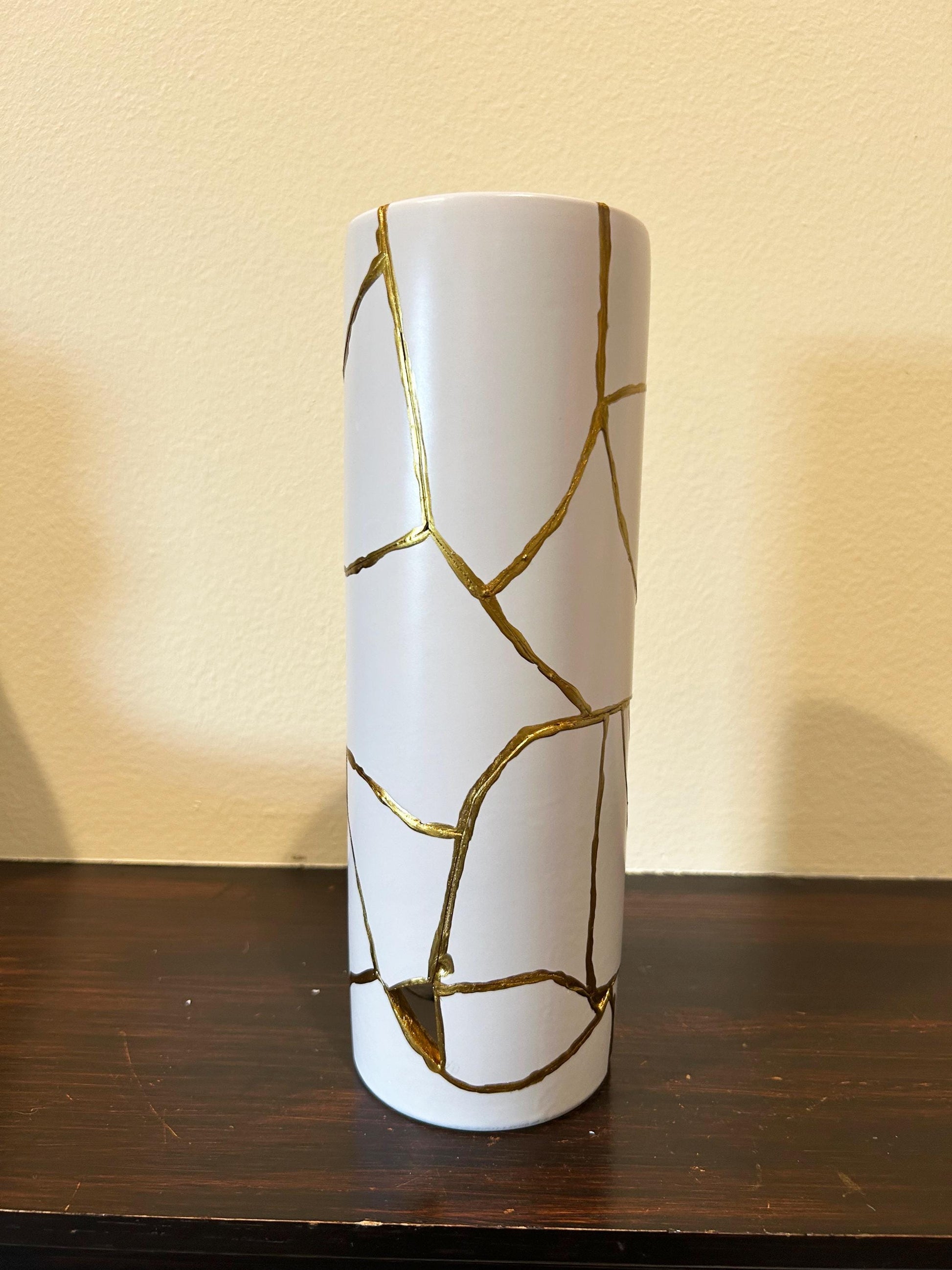 Modern Kintsugi Cylinder Vase - Japanese Pottery Broken + Repaired - Hand Painted Gold - White - Smooth Texture - No.2 - (H) 10.375in