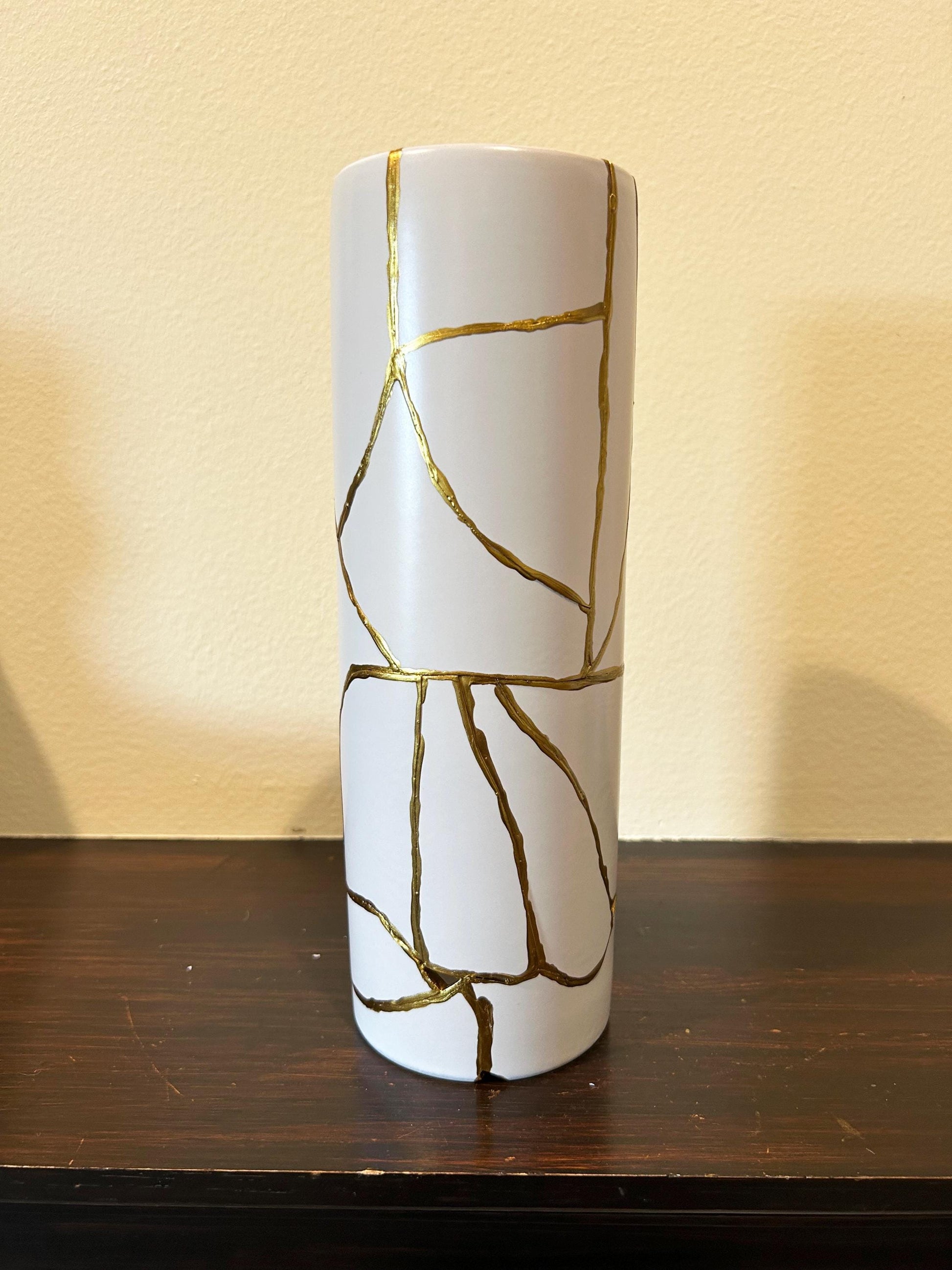 Modern Kintsugi Cylinder Vase - Japanese Pottery Broken + Repaired - Hand Painted Gold - White - Smooth Texture - No.2 - (H) 10.375in