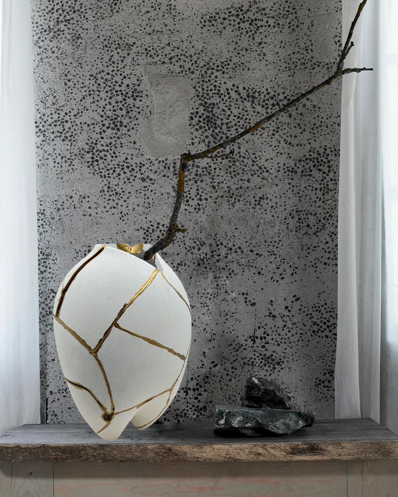 Modern Kintsugi Sumo Tall Vase - Japandi - Broken + Repaired Japanese Pottery - Hand Painted Gold - Smooth Texture - White (H) 9in (W) 5.5in
