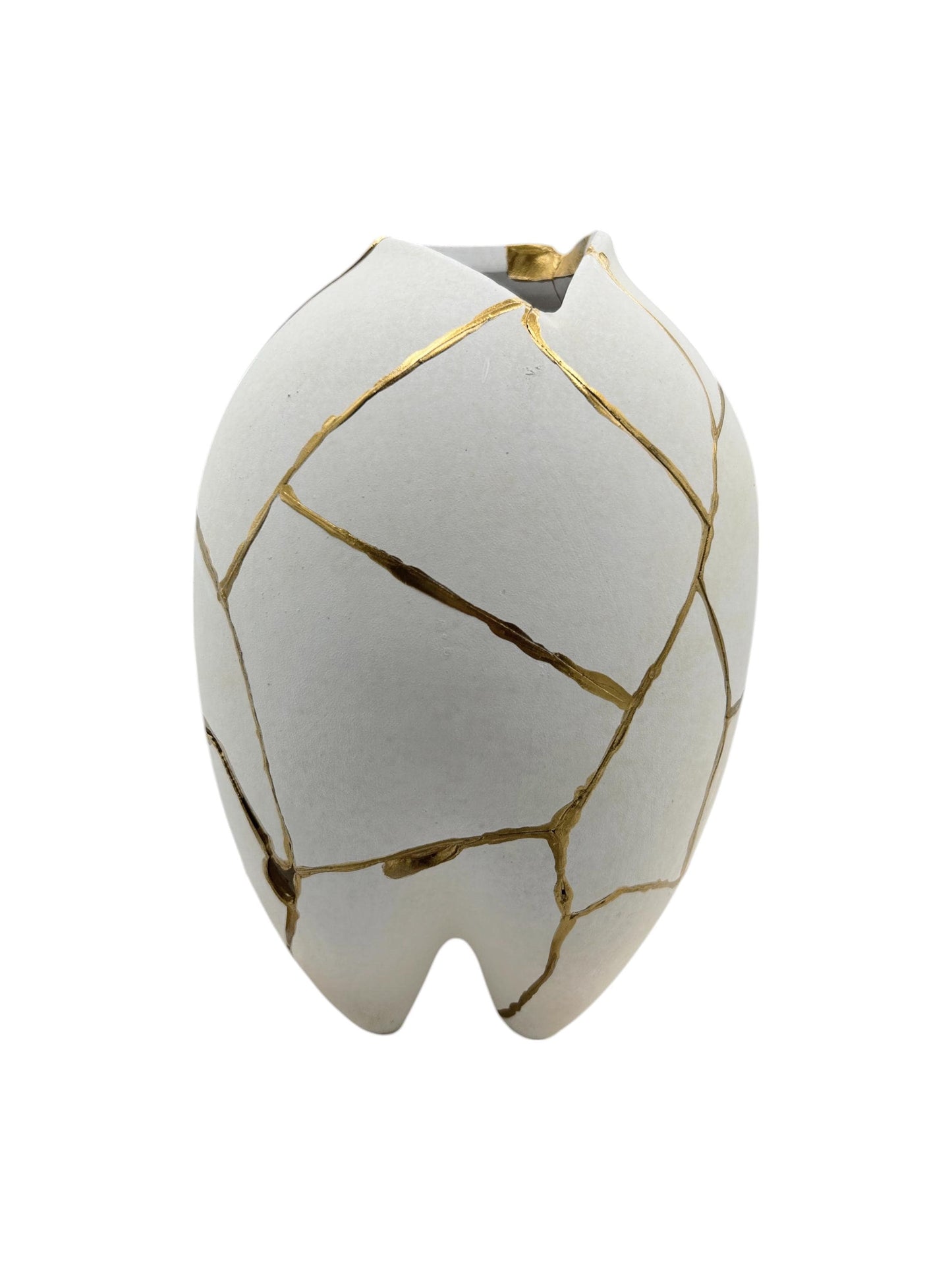 Modern Kintsugi Sumo Tall Vase - Japandi - Broken + Repaired Japanese Pottery - Hand Painted Gold - Smooth Texture - White (H) 9in (W) 5.5in