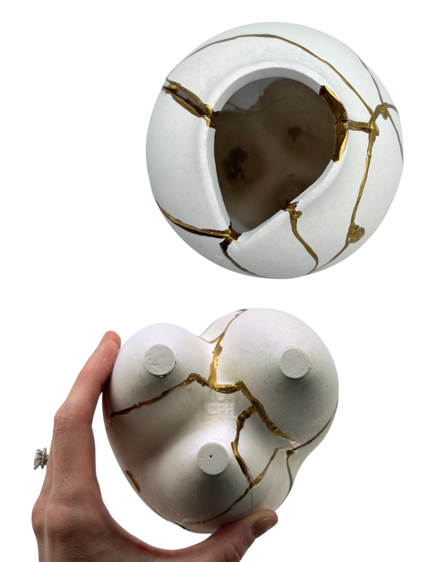Modern Kintsugi Sumo Tall Vase - Japandi - Broken + Repaired Japanese Pottery - Hand Painted Gold - Smooth Texture - White (H) 9in (W) 5.5in