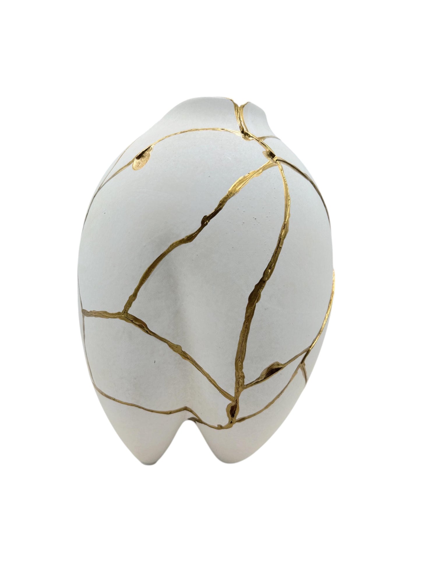 Modern Kintsugi Sumo Tall Vase - Japandi - Broken + Repaired Japanese Pottery - Hand Painted Gold - Smooth Texture - White (H) 9in (W) 5.5in