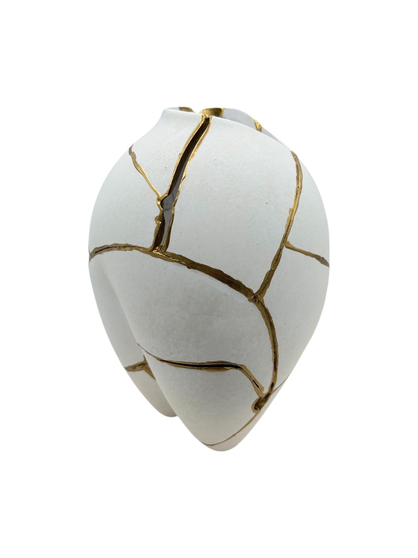 Modern Kintsugi Sumo Tall Vase - Japandi - Broken + Repaired Japanese Pottery - Hand Painted Gold - Smooth Texture - White (H) 9in (W) 5.5in
