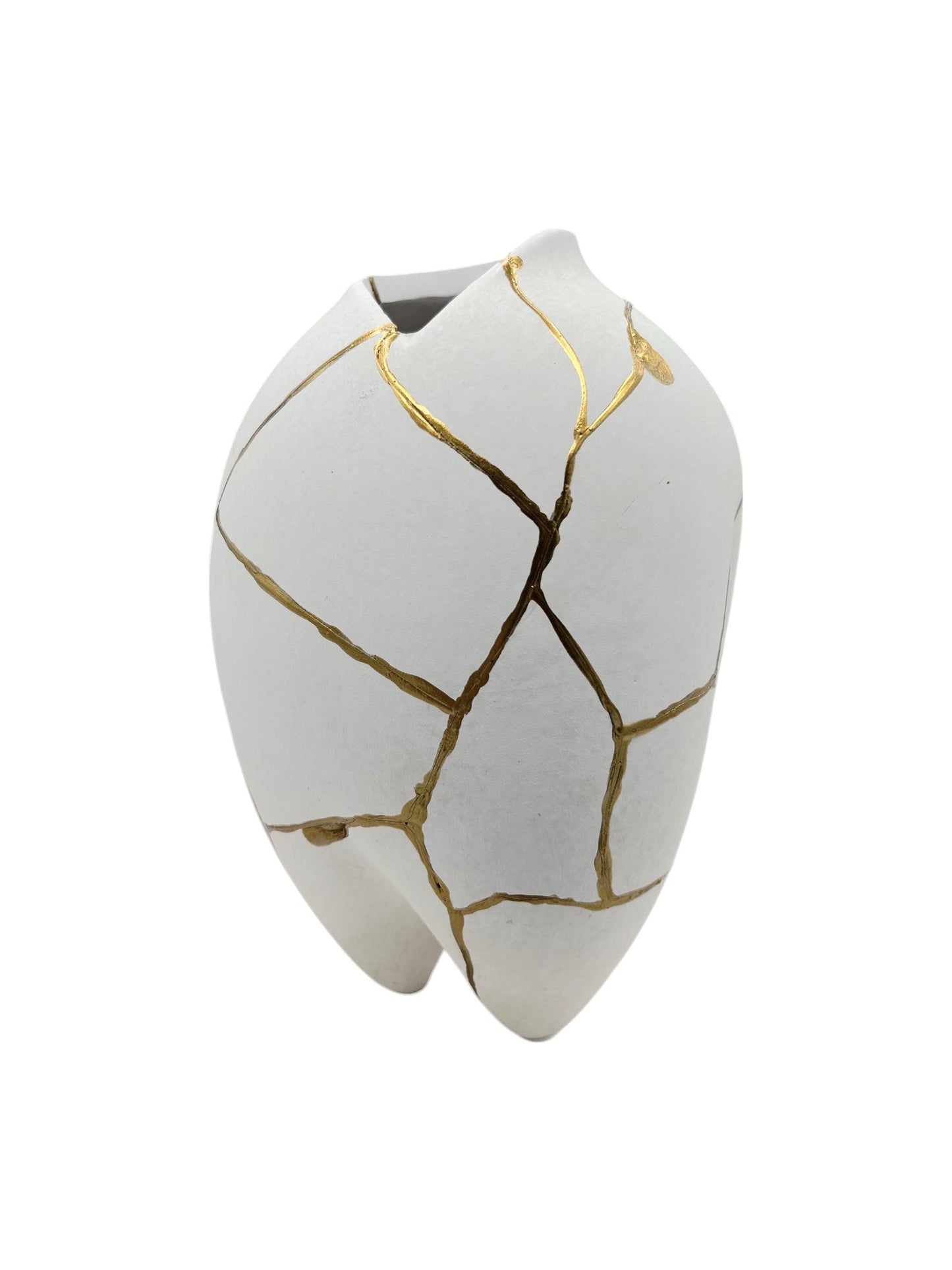 Modern Kintsugi Sumo Tall Vase - Japandi - Broken + Repaired Japanese Pottery - Hand Painted Gold - Smooth Texture - White (H) 9in (W) 5.5in
