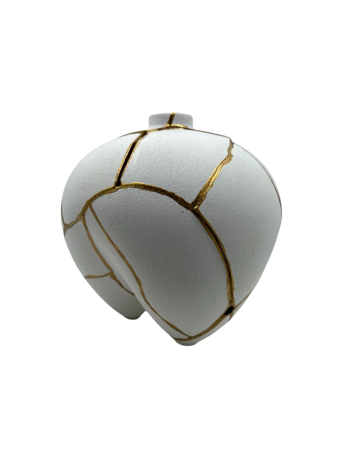 Modern Kintsugi Sumo Short Vase - Japandi - Broken + Repaired Japanese Pottery - Hand Painted Gold - Smooth - White (H) 6.3in (W) 5.7in