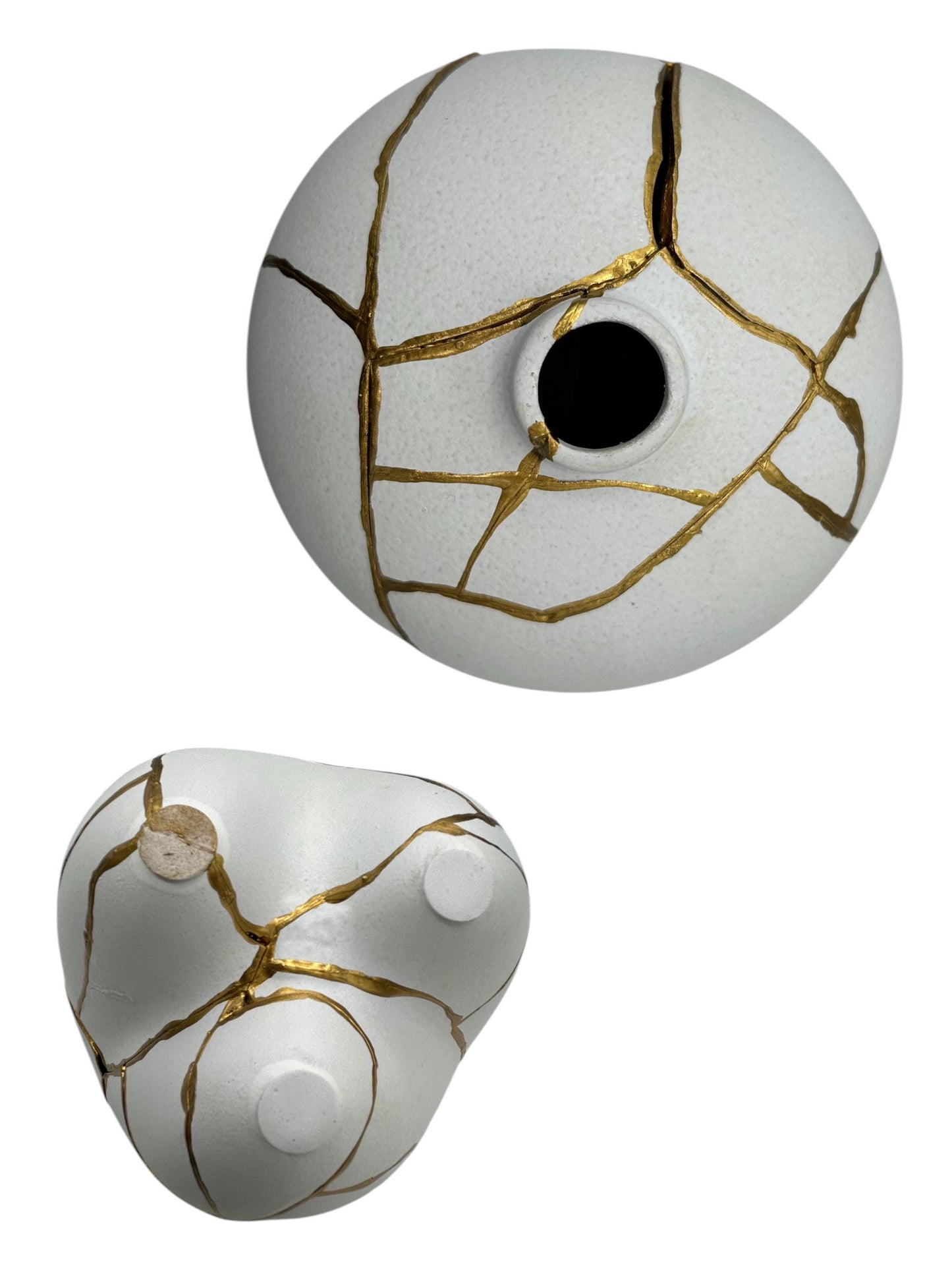 Modern Kintsugi Sumo Short Vase - Japandi - Broken + Repaired Japanese Pottery - Hand Painted Gold - Smooth - White (H) 6.3in (W) 5.7in