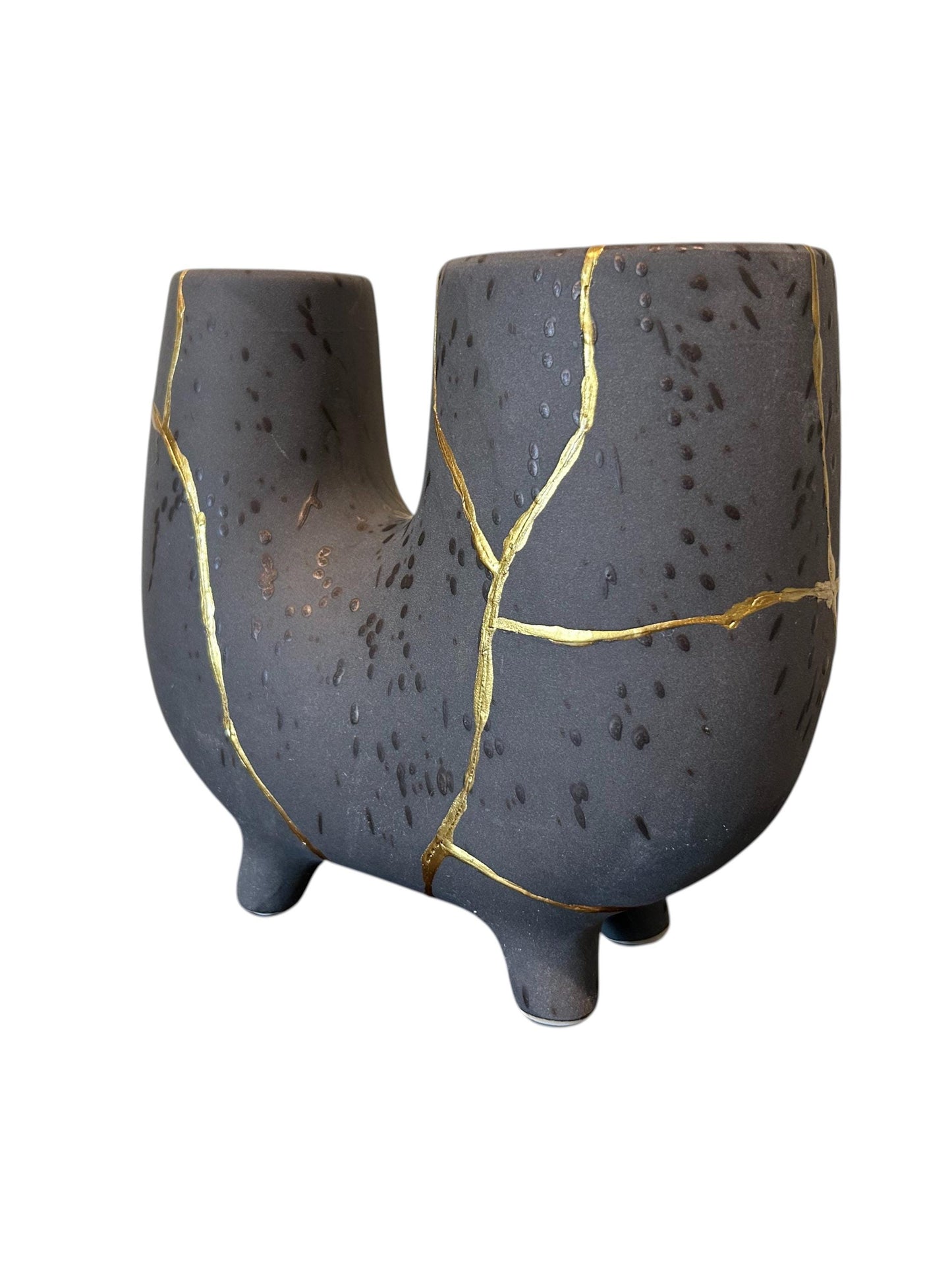 Modern Kintsugi Haiiro Vase - Japandi - Broken + Repaired Japanese Pottery - Hand Painted Gold - Rough Texture - Charcoal (H) 8in (W) 8.75in