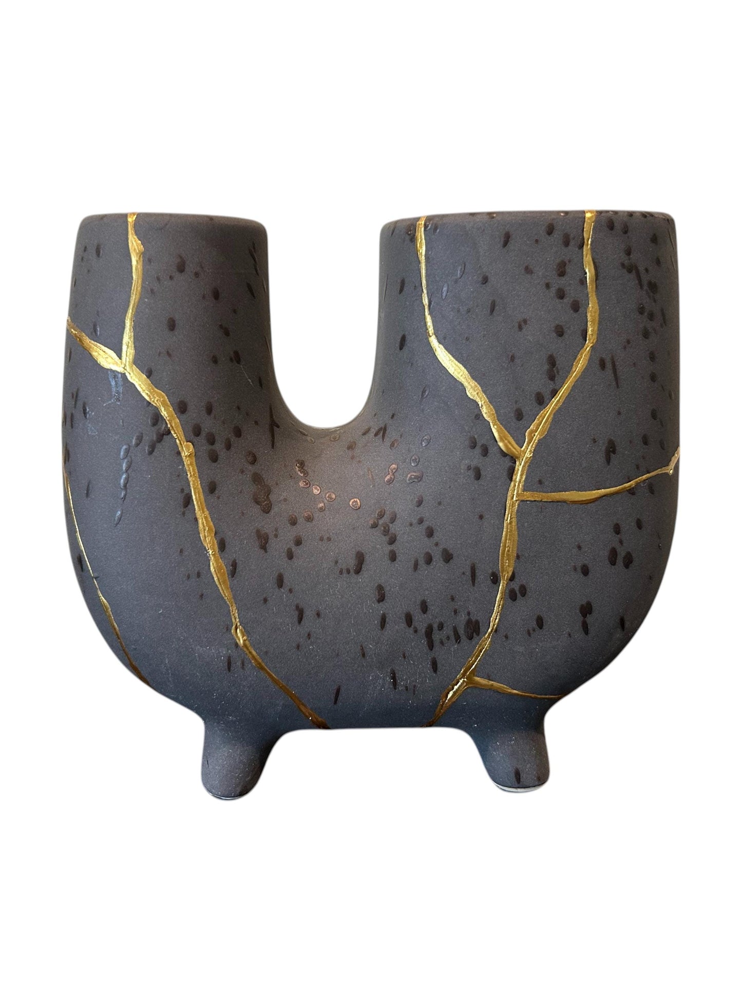 Modern Kintsugi Haiiro Vase - Japandi - Broken + Repaired Japanese Pottery - Hand Painted Gold - Rough Texture - Charcoal (H) 8in (W) 8.75in