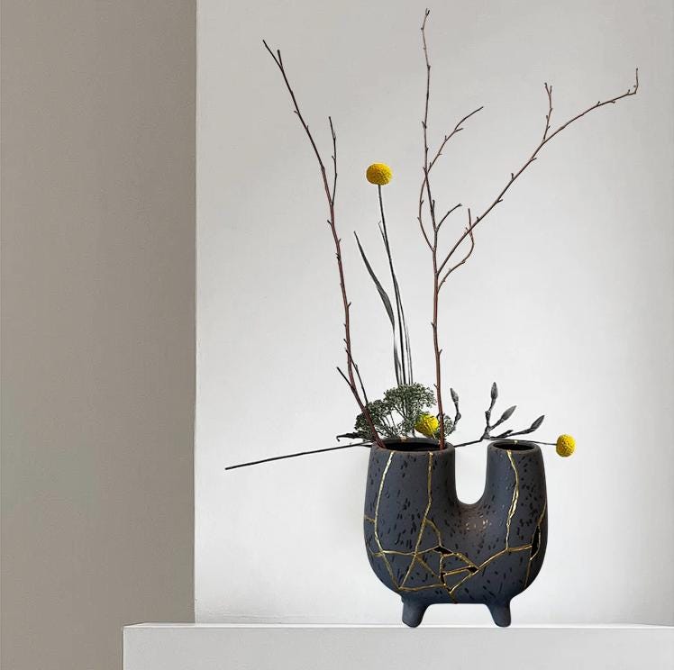 Modern Kintsugi Haiiro Vase - Japandi - Broken + Repaired Japanese Pottery - Hand Painted Gold - Rough Texture - Charcoal (H) 8in (W) 8.75in