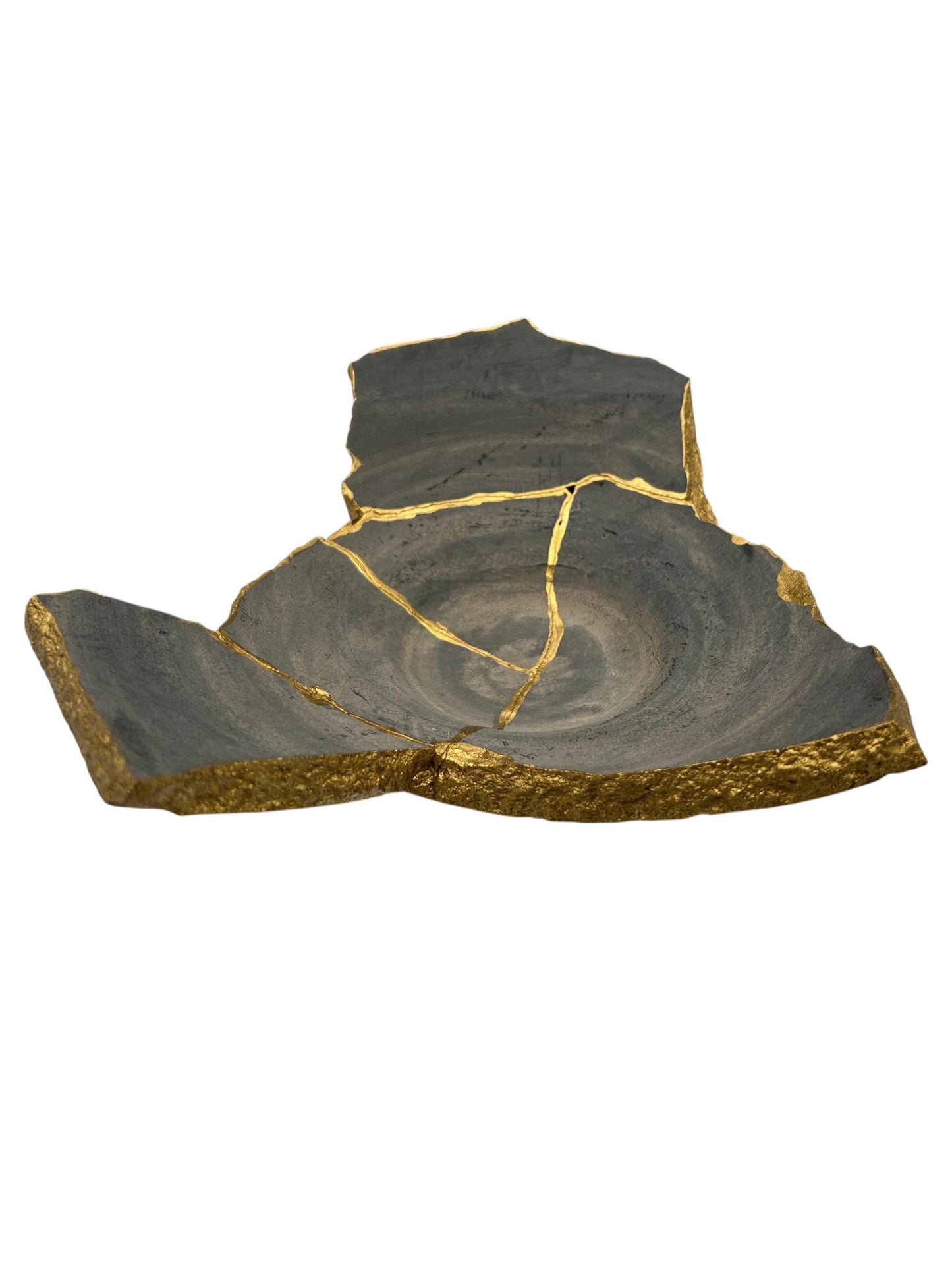 Modern Kintsugi Raw Edge Bowl - Wabi Sabi - Japandi - Broken + Repaired Japanese Pottery Art - Hand Painted Gold - Ceramic (D) 12in (H) 4in