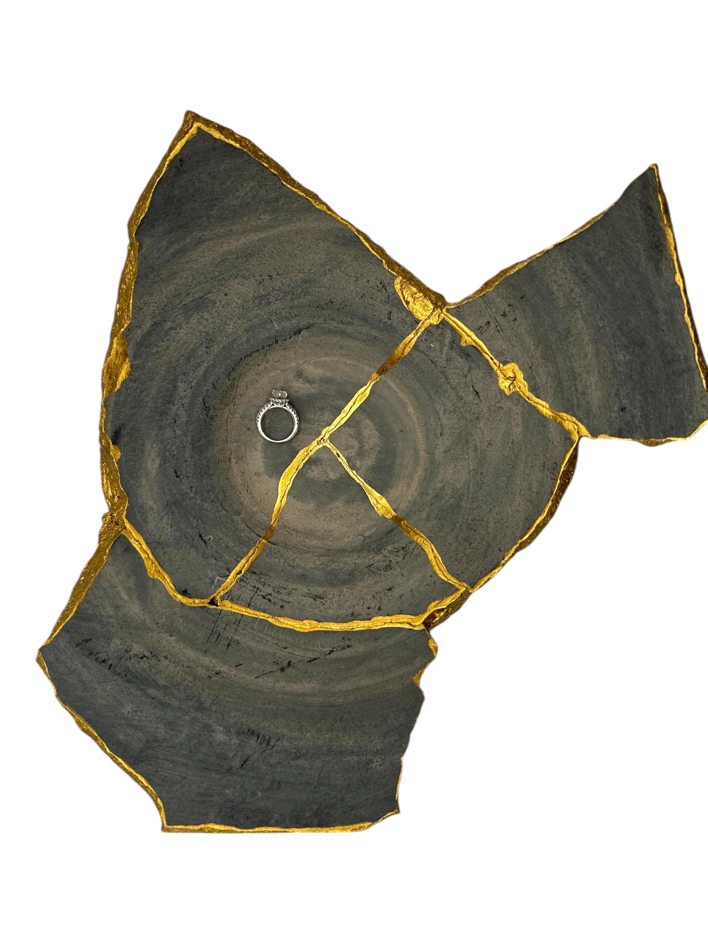 Modern Kintsugi Raw Edge Bowl - Wabi Sabi - Japandi - Broken + Repaired Japanese Pottery Art - Hand Painted Gold - Ceramic (D) 12in (H) 4in