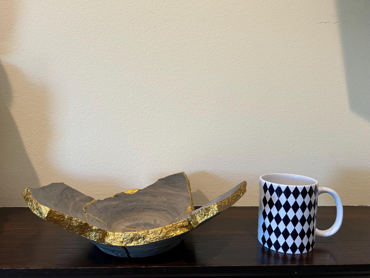 Modern Kintsugi Raw Edge Bowl - Wabi Sabi - Japandi - Broken + Repaired Japanese Pottery Art - Hand Painted Gold - Ceramic (D) 12in (H) 4in