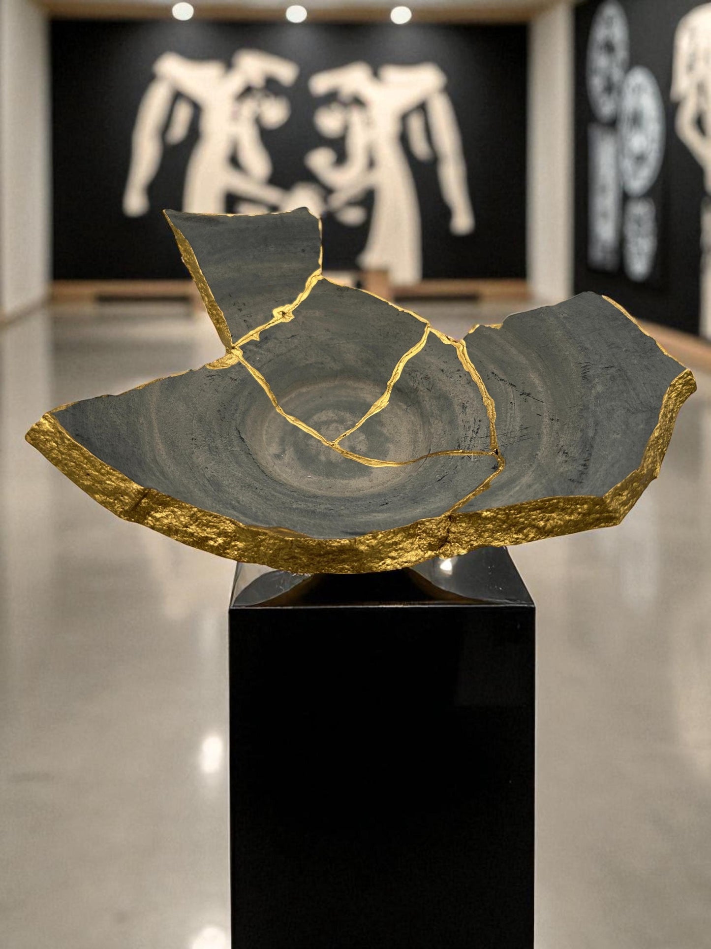 Modern Kintsugi Raw Edge Bowl - Wabi Sabi - Japandi - Broken + Repaired Japanese Pottery Art - Hand Painted Gold - Ceramic (D) 12in (H) 4in