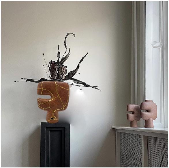 Modern Kintsugi Tribal Vase - Japandi - Broken + Repaired Japanese Pottery - Hand Painted Gold - Smooth Texture - (H) 10in (W) 7.5in