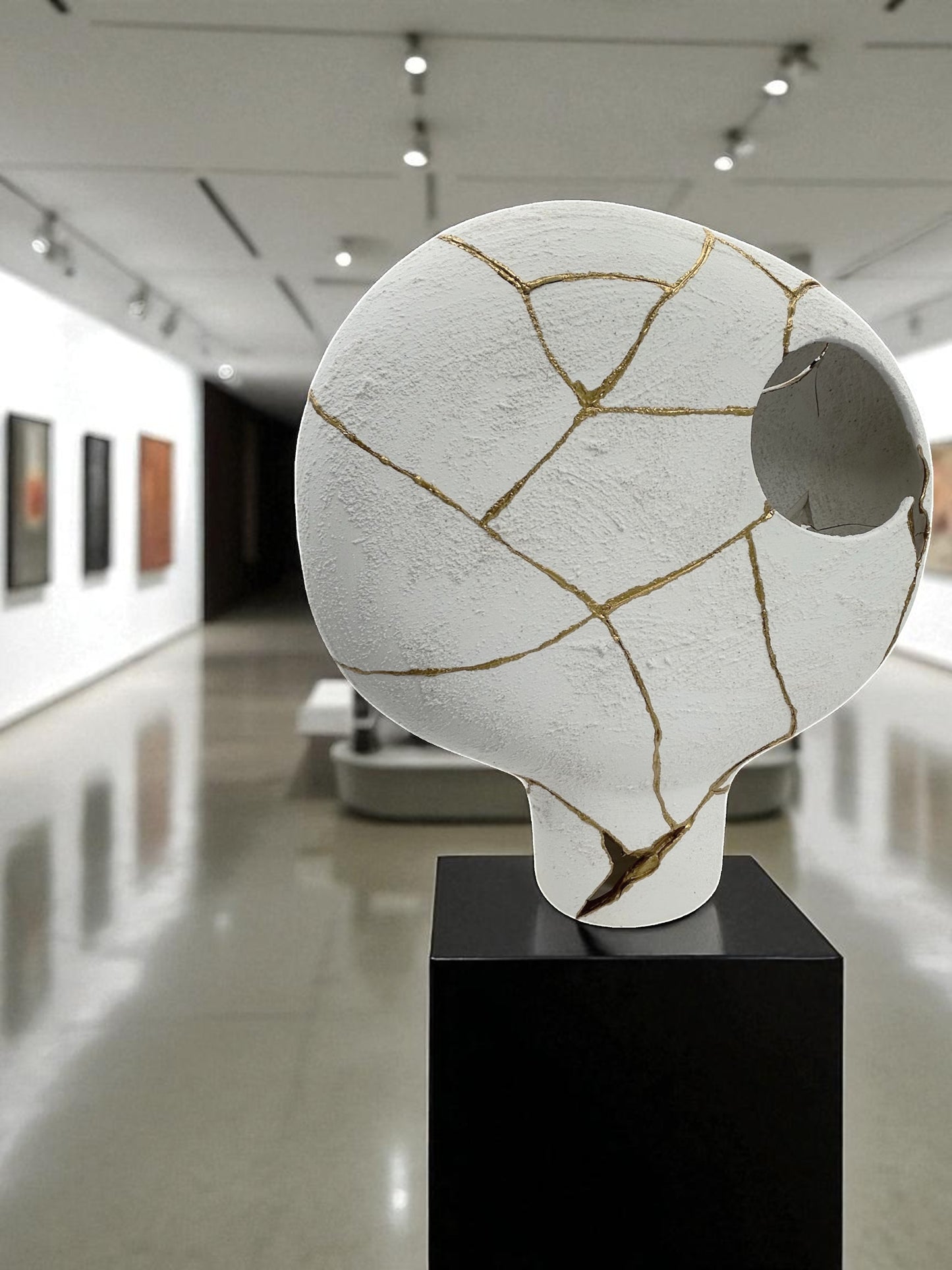 Modern Kintsugi Alien Vase - Broken + Repaired Japanese Pottery - Hand Painted Gold - Japandi - Rough Texture - White (H) 15.5in (W) 16in