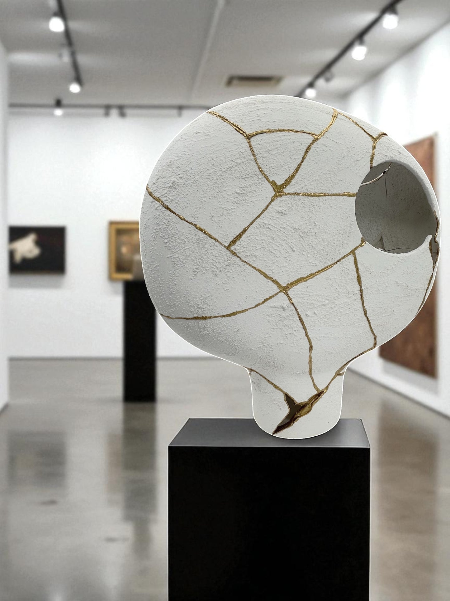Modern Kintsugi Alien Vase - Broken + Repaired Japanese Pottery - Hand Painted Gold - Japandi - Rough Texture - White (H) 15.5in (W) 16in
