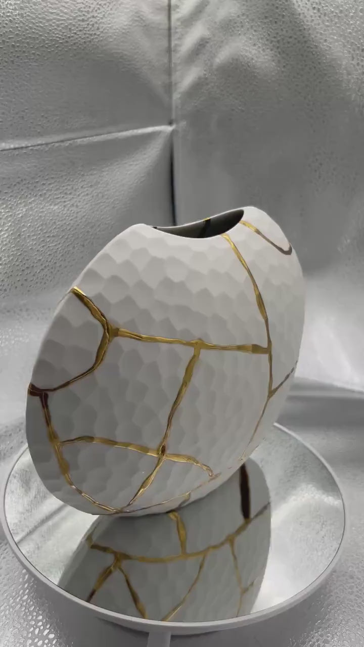 Modern Kintsugi Beehive Vase - Eggshell - Broken + Repaired Japanese Pottery - Hand Painted Gold - Made in Thailand (W) 7.25in (H) 6.5in