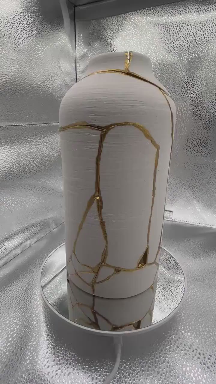 Modern Kintsugi Giraffe Vase - Broken + Repaired Japanese Pottery - Hand Painted Gold - Matte White Cylinder/Brushed Texture #2 (H) 10.125in