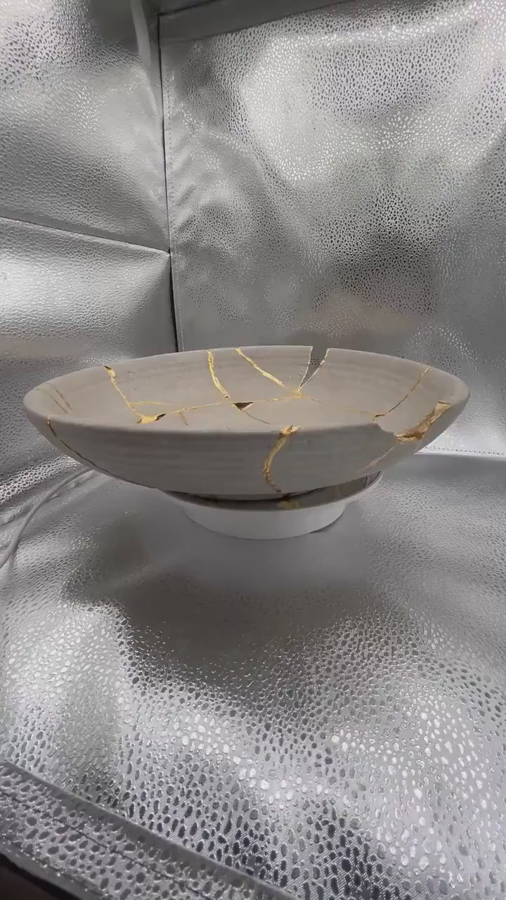 Kintsugi Brutalist Bowl - Wabi Sabi - Broken + Repaired Japanese Pottery Art - Hand Painted Gold - Gray - Low/Ridged - Large (D) 12in