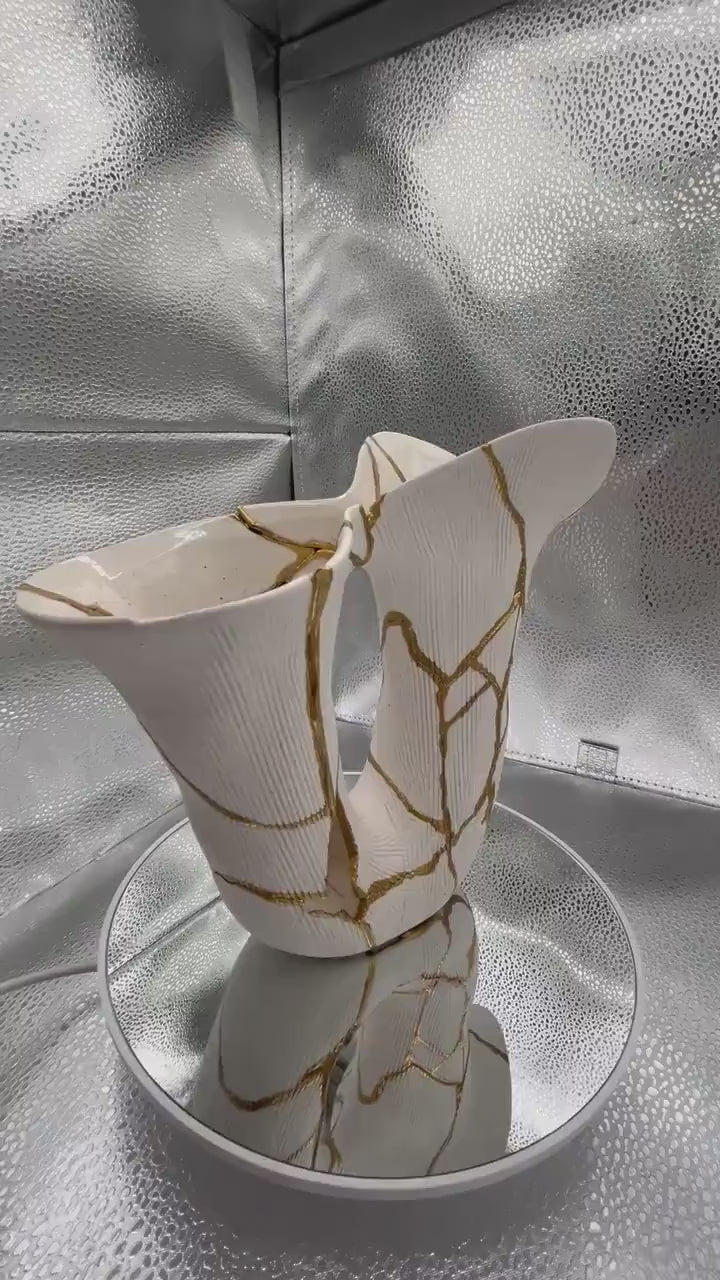 Kintsugi Curve Vase - Japanese Pottery Broken + Repaired - Hand Painted Gold Detail Along Breaks - White - Rough Texture - Small - (H) 7in