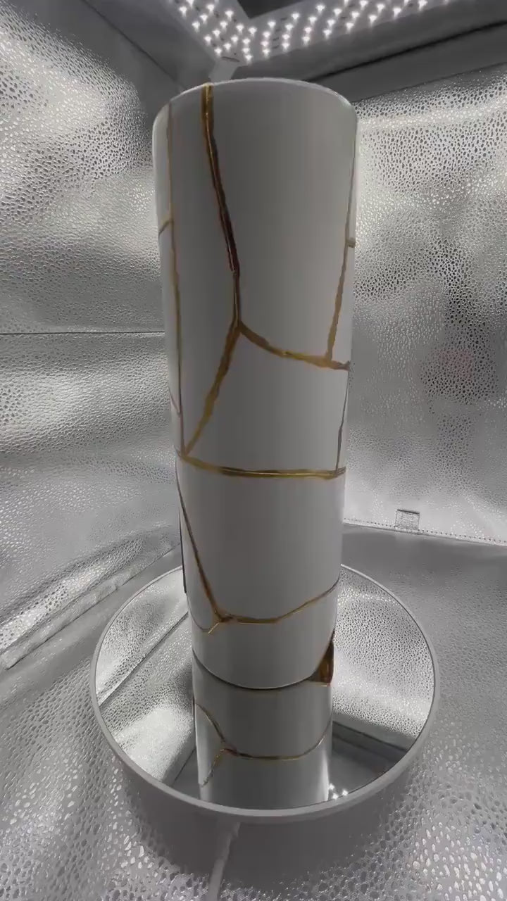 Modern Kintsugi Cylinder Vase - Japanese Pottery Broken + Repaired - Hand Painted Gold - White - Smooth Texture - No.2 - (H) 10.375in