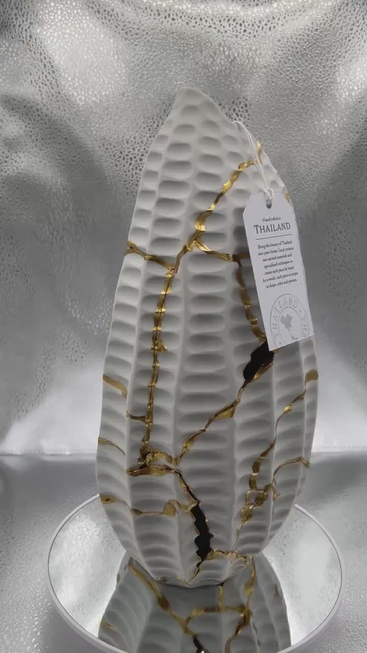 Modern Kintsugi Seahorse Vase - Ocean/Sea - Broken + Repaired Japanese Pottery - Hand Painted Gold - Made in Thailand - (H) 12in (W) 5in