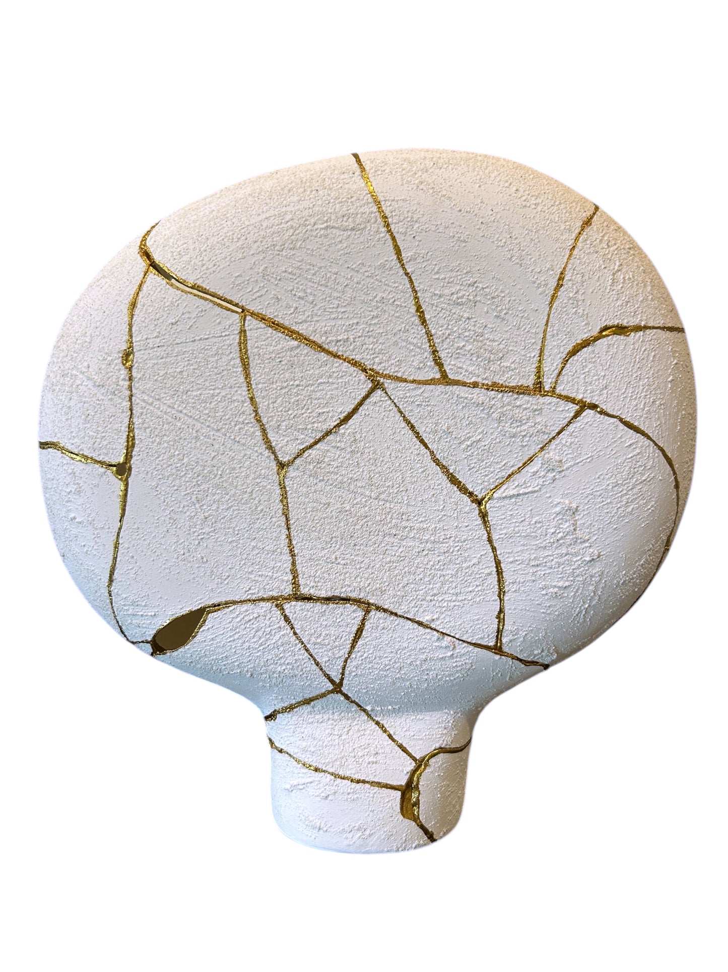 Modern Kintsugi Alien Vase - Broken + Repaired Japanese Pottery - Hand Painted Gold - Japandi - Rough Texture - White (H) 15.5in (W) 16in