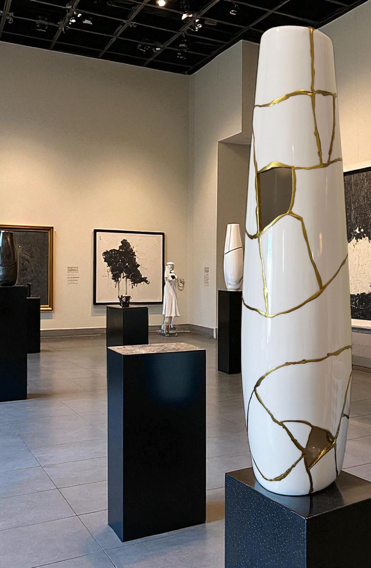 Modern Kintsugi Giraffe Tall Vase - Broken + Repaired Japanese Pottery - Hand Painted Gold - Cylinder/Glossy - Table/Floor - White (H) 18in